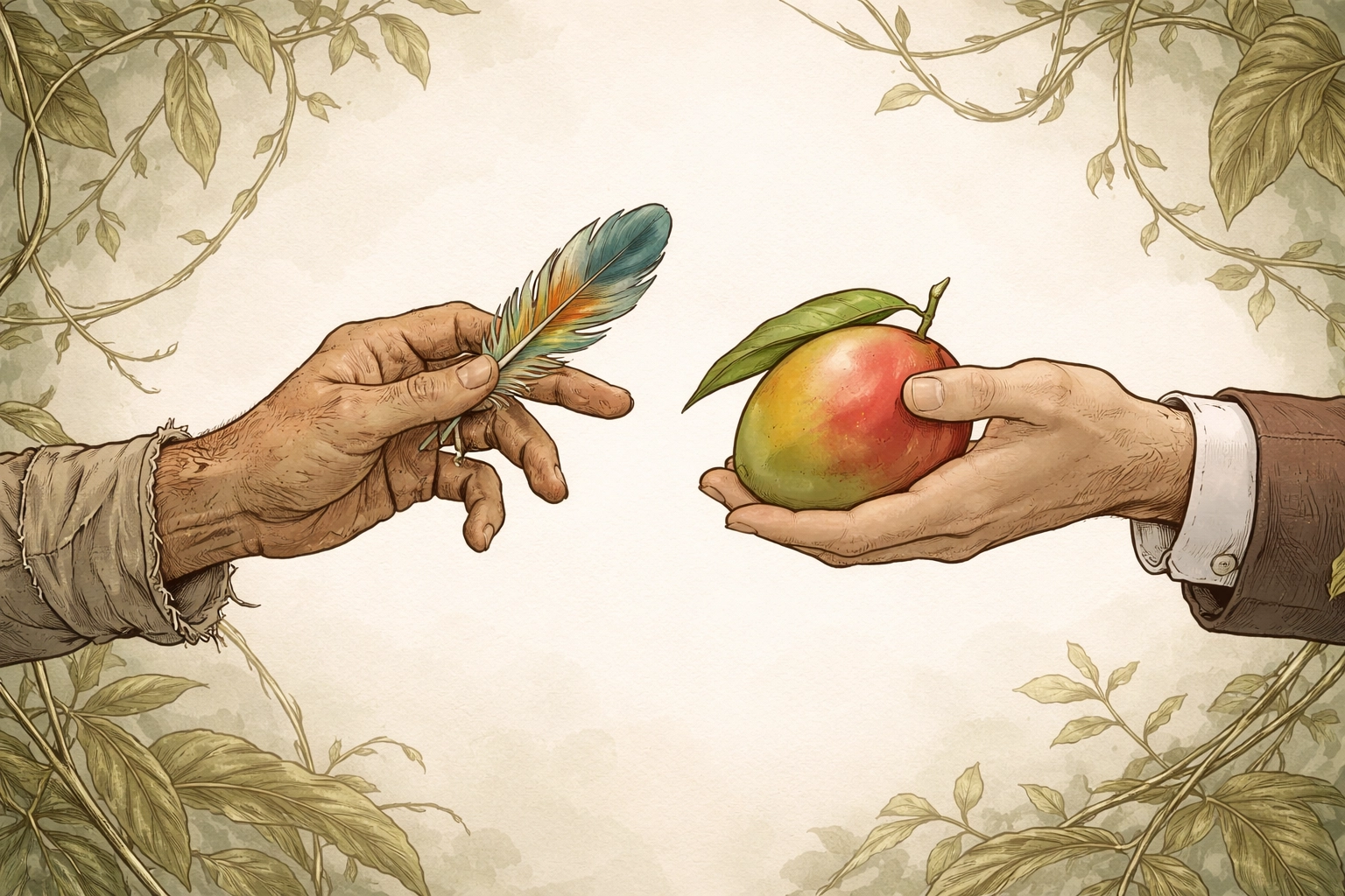 Two male hands, one rugged and one refined, exchanging a mango and feather amidst jungle vines, symbolizing MM romance