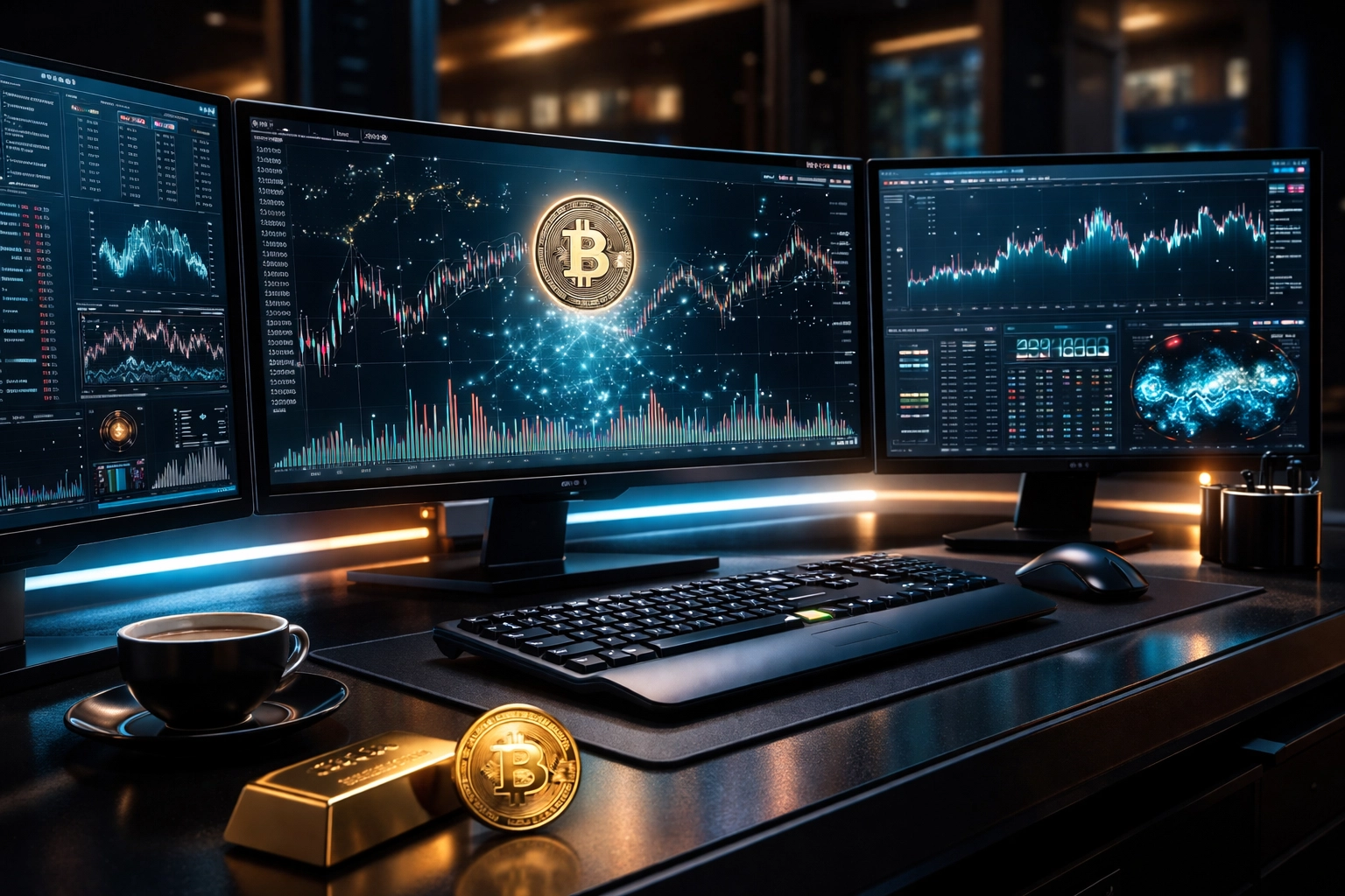 Futuristic trading desk with cryptocurrency and market data screens illustrates advanced digital asset investing.