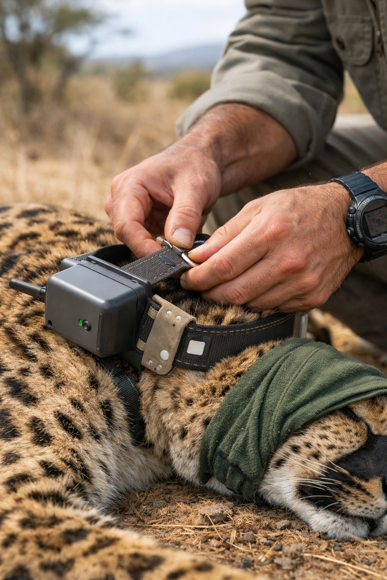 A wildlife researcher attaching a tracking collar to show transparent conservation efforts.