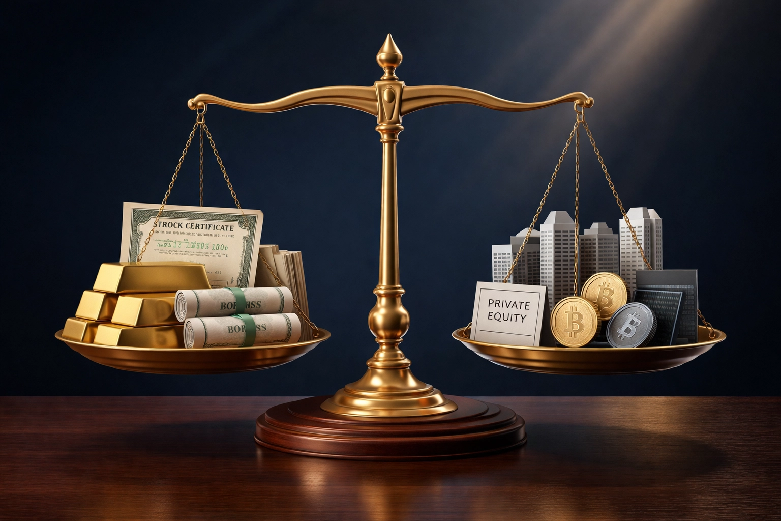 A balanced scale comparing traditional assets with alternative investments, highlighting portfolio diversification for high-net-worth investors.