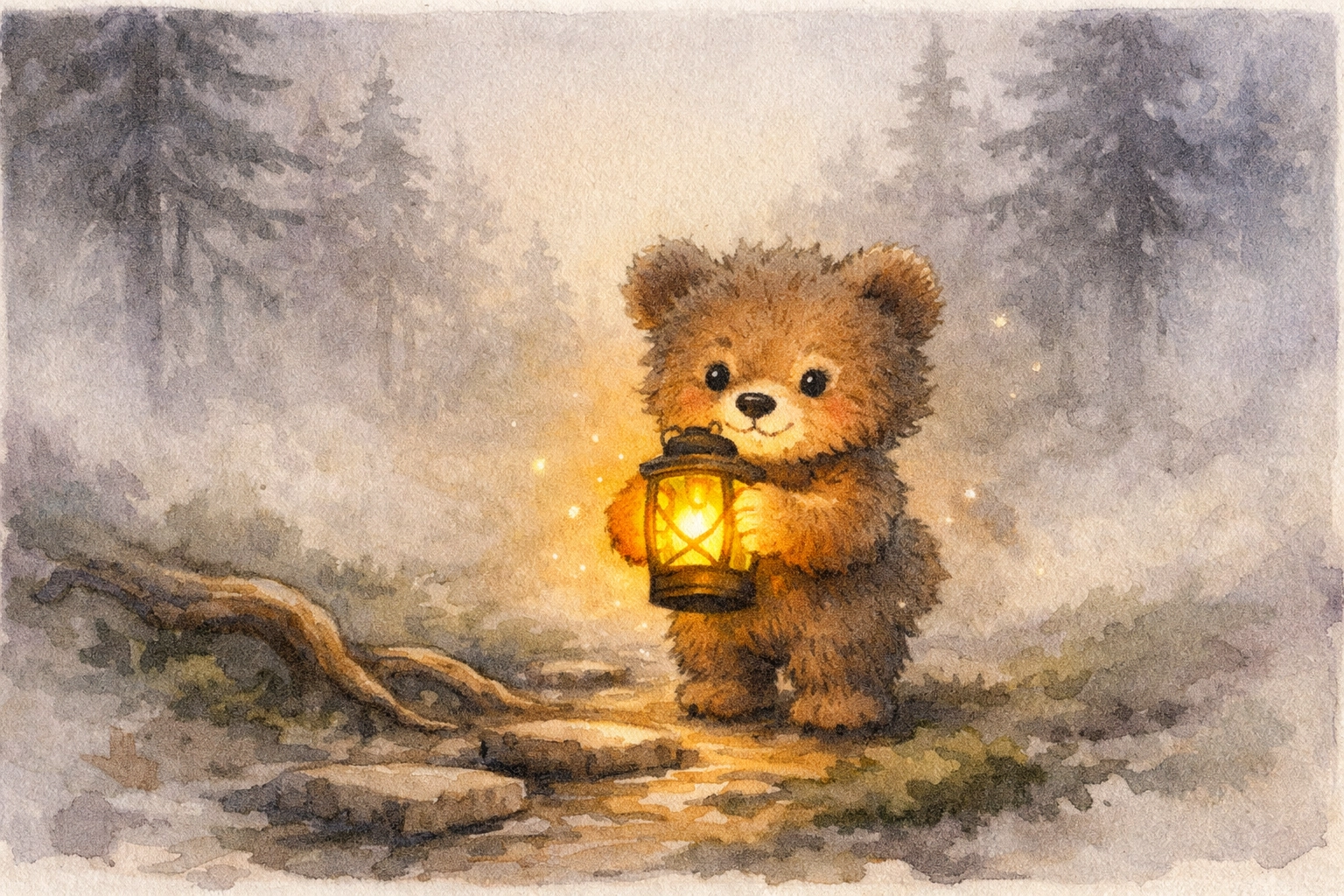 Bear cub holding a glowing lantern in foggy forest, symbolizing God’s love guiding kids home