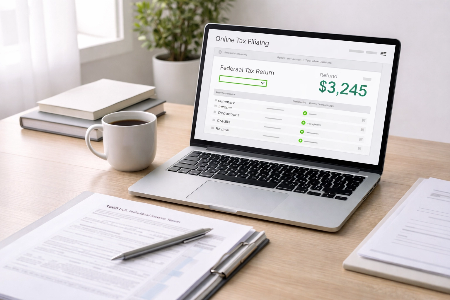 Tax professional's organized desk with laptop displaying tax software ready for 2026 filing season