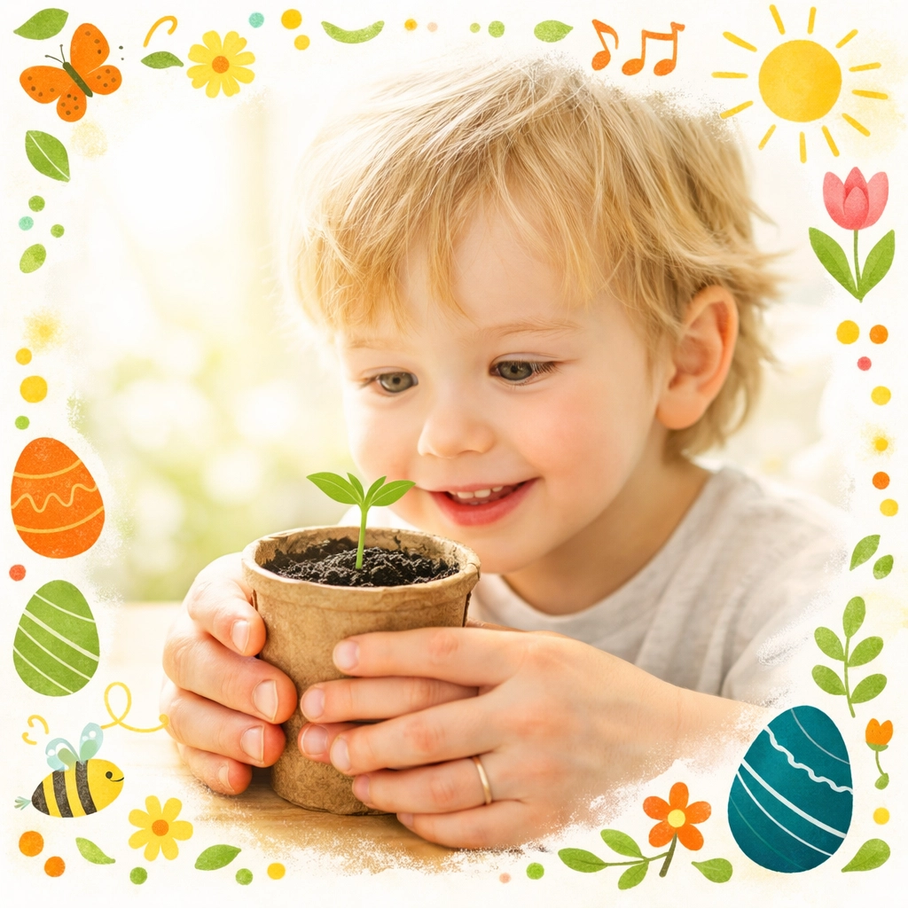 A child and parent nurturing a plant sprout, symbolizing growth and character transformation through life skills training.