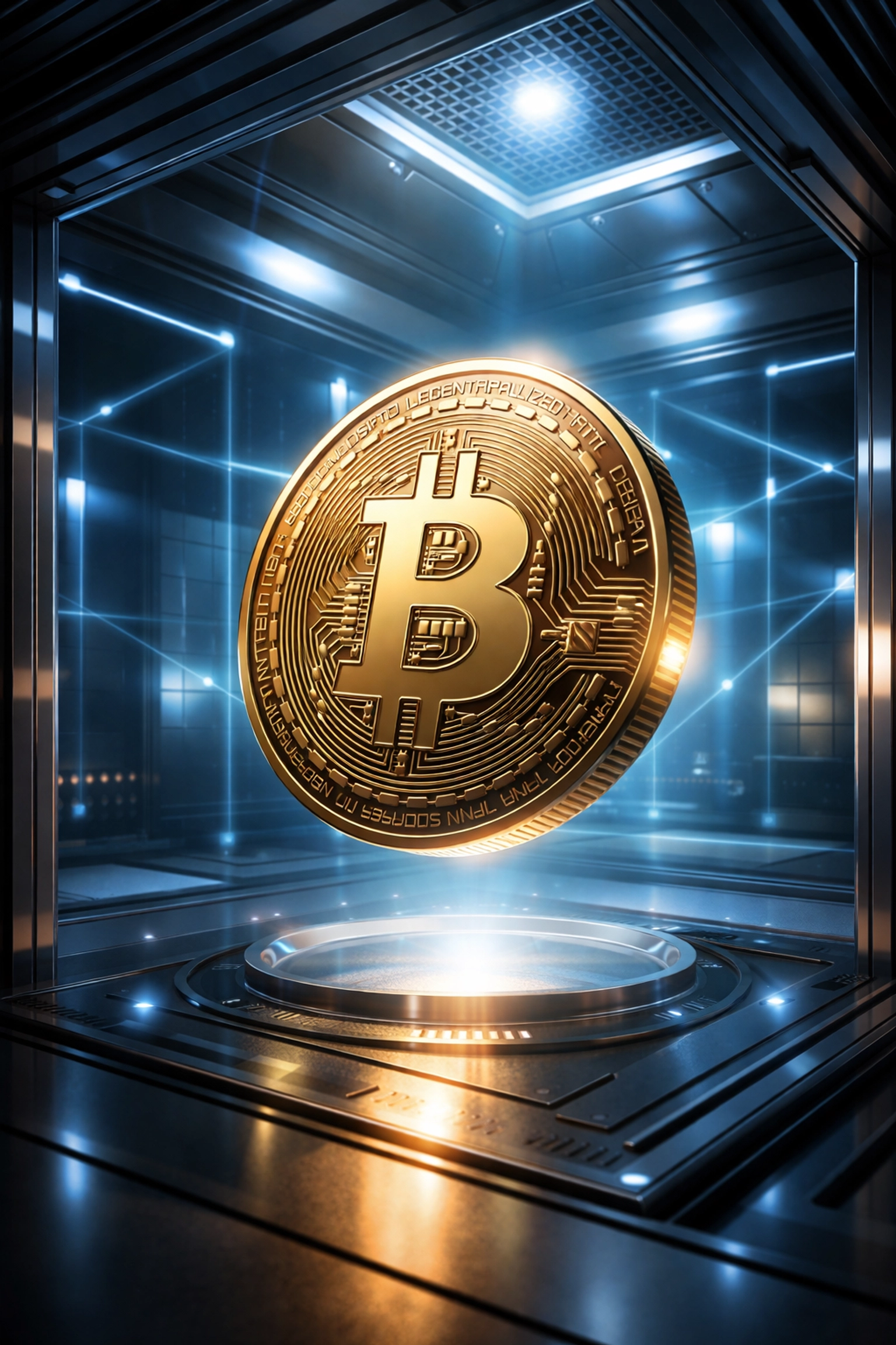 Bitcoin displayed securely in a high-tech vault, representing institutional-grade cryptocurrency investing.