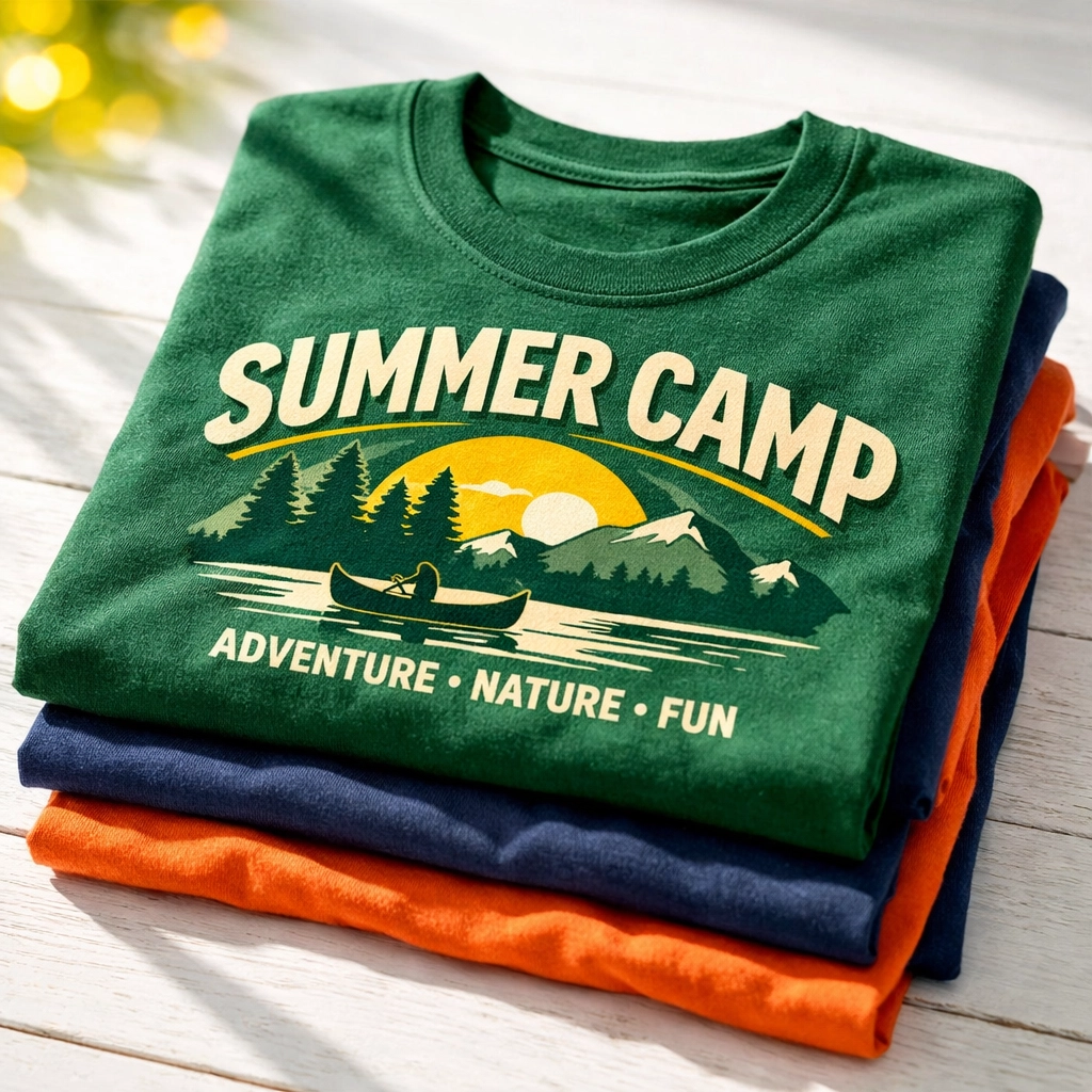 Stack of quality screen-printed summer camp t-shirts in vibrant colors showing durability