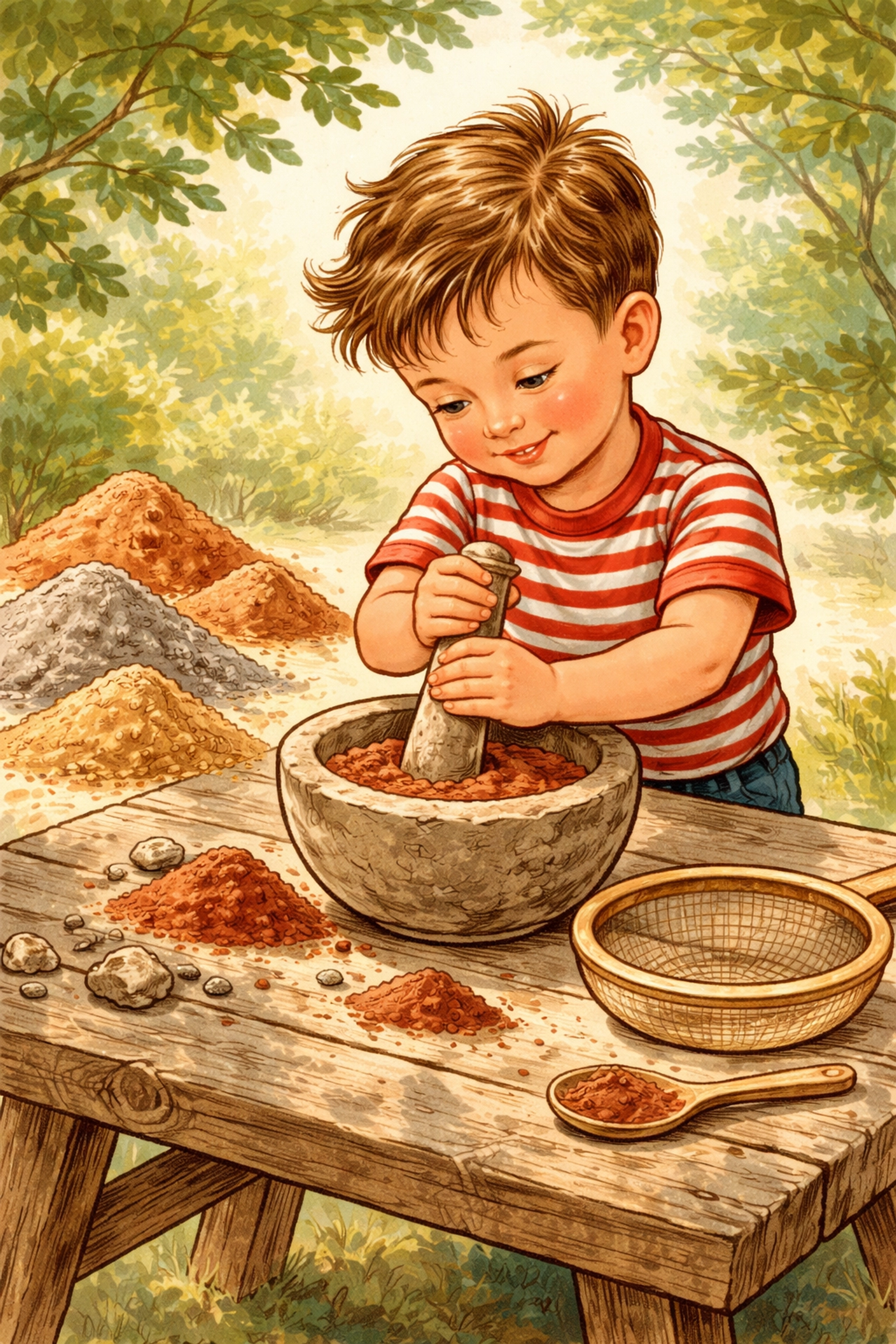 Child grinding colored dirt into powder outdoors for earth pigment paint making