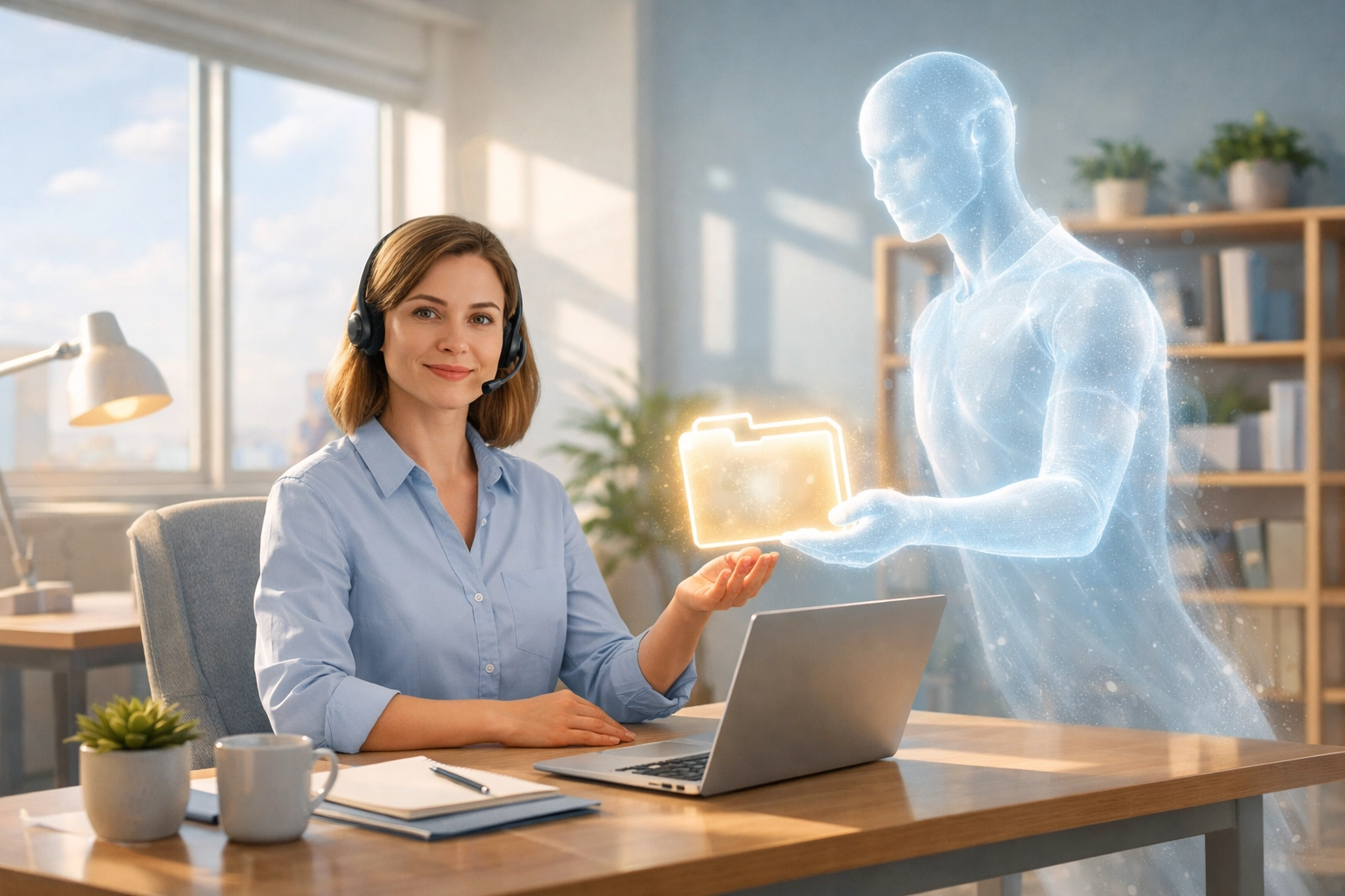 Human agent working alongside an AI powered customer service assistant in a modern AI helpdesk.