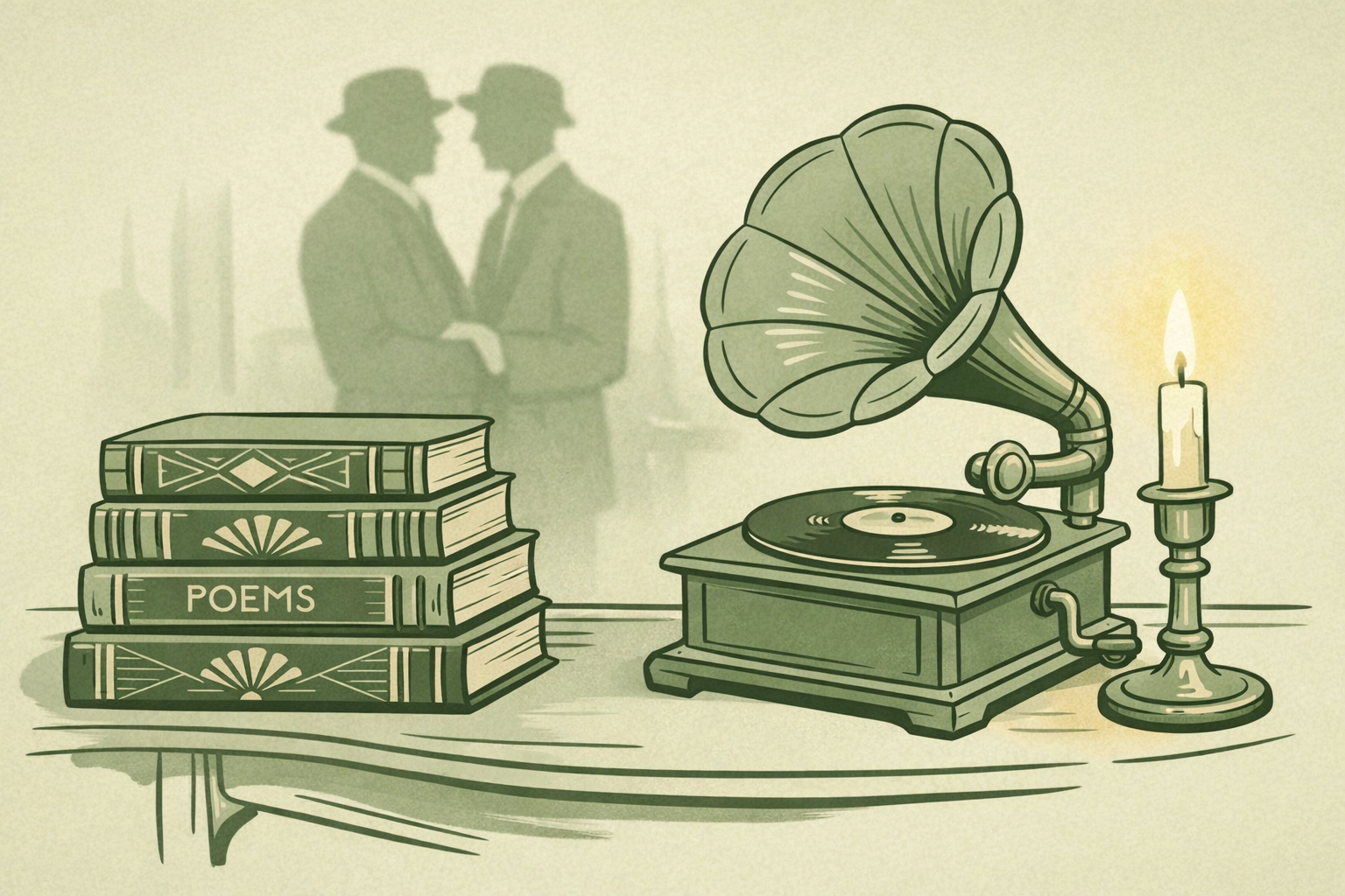 Vintage 1920s books and gramophone with MM couple - LGBTQ+ literature Jazz Age romance