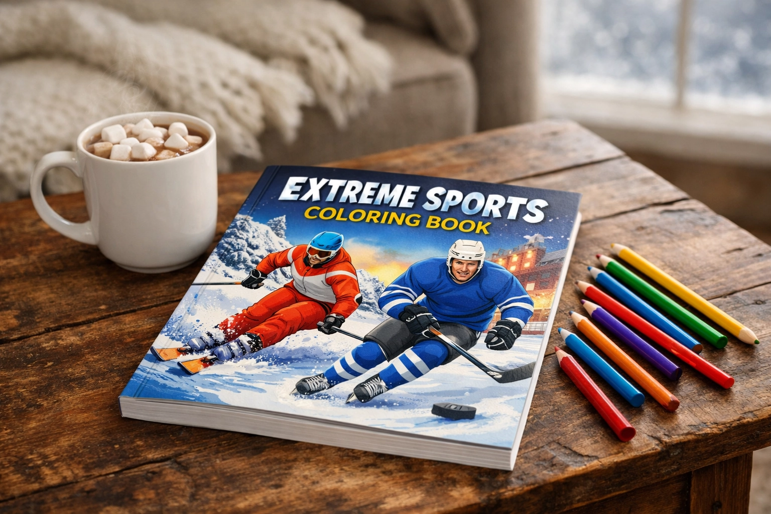 Winter Sports Coloring Book for Kids by Danna Crawford on a cozy table with hot cocoa and colored pencils.