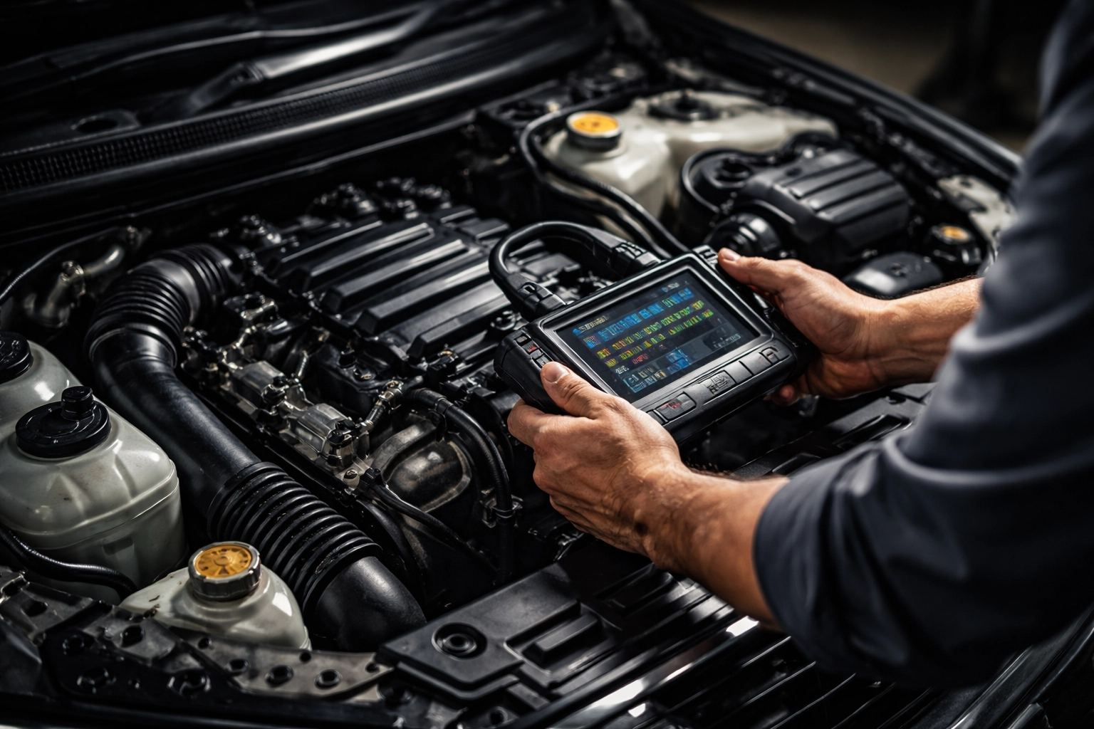 Male mechanic inspecting car engine bay with diagnostic tool in a Brisbane workshop