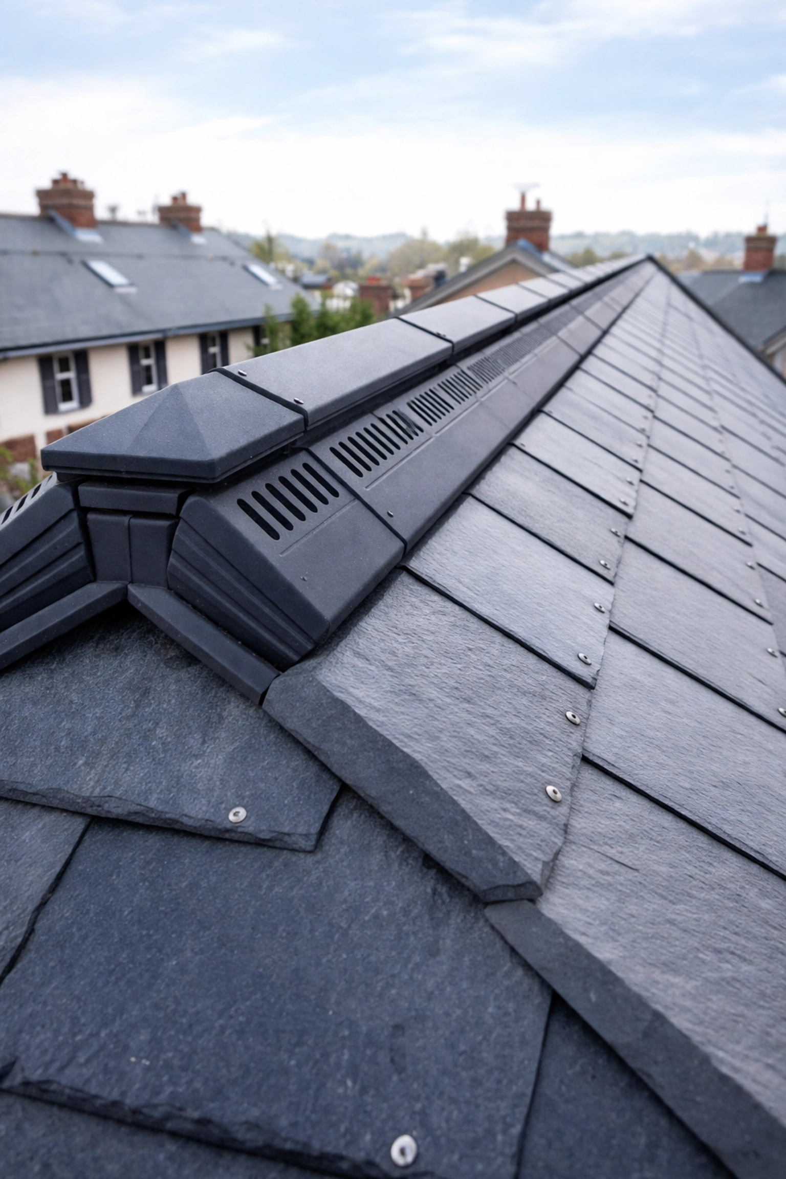 Close-up view of a Belfast roof with a modern ridge vent system showing proper roof ventilation.