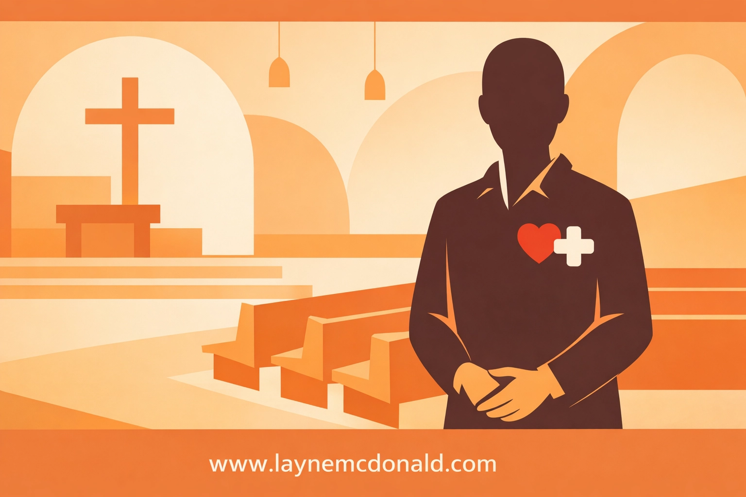 Minimalist icon of a servant-hearted church security team member with a heart and medical cross for protection.