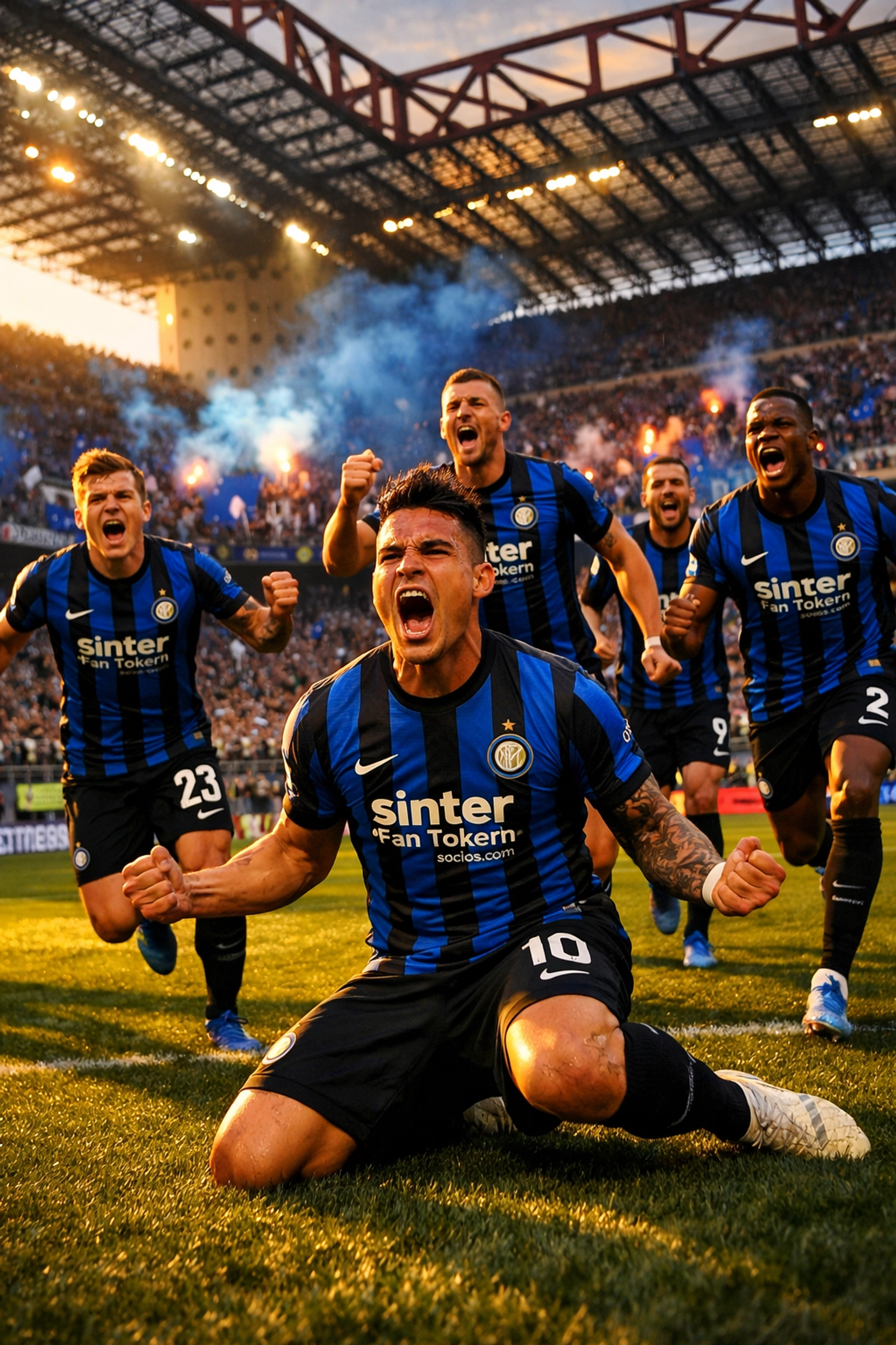 Inter Mailand Spieler feiern Sieg im San Siro Stadion mit jubelnden Fans