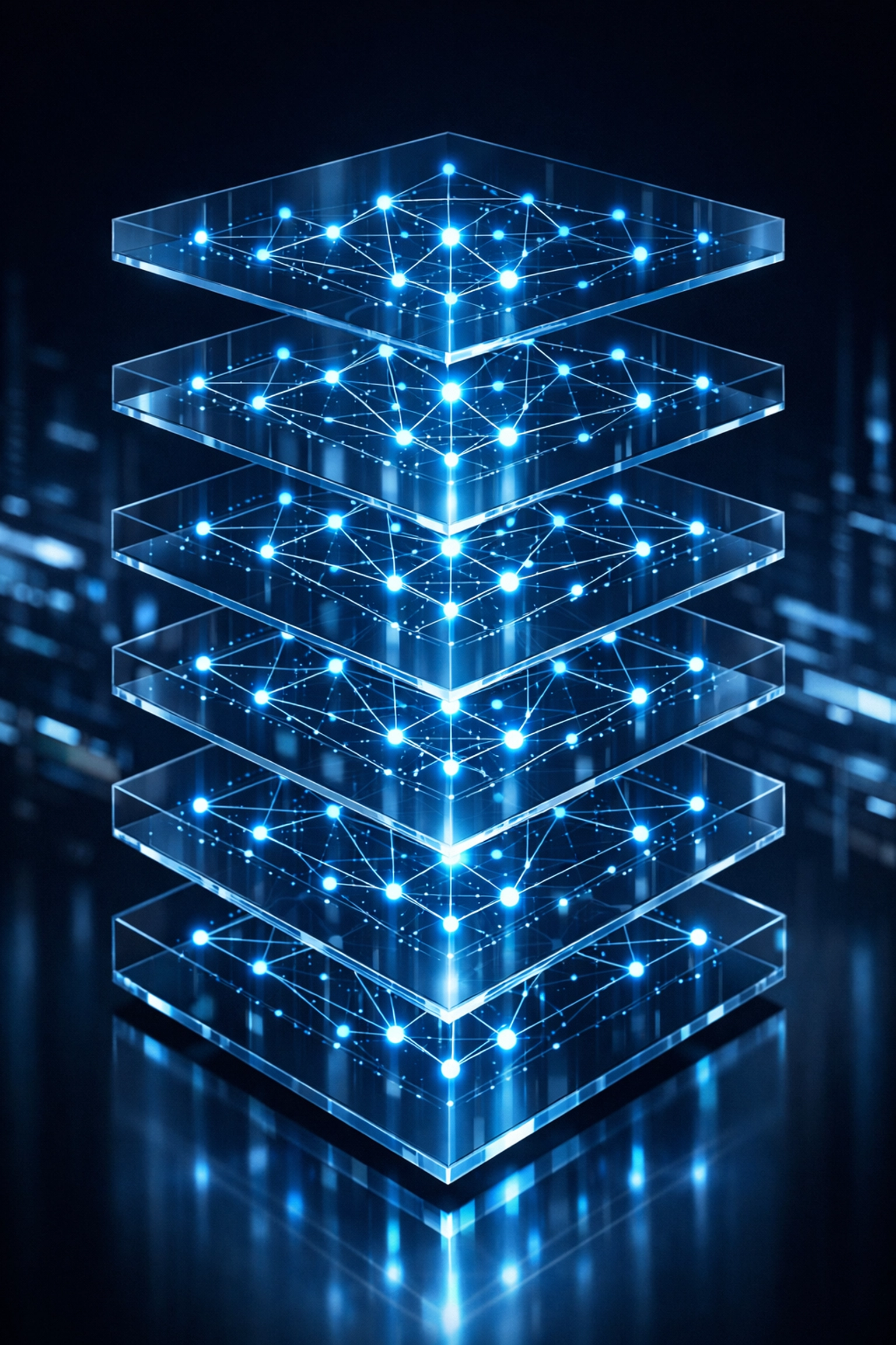 Interconnected data networks on floating glass layers representing complex AI workflow orchestration and architecture.