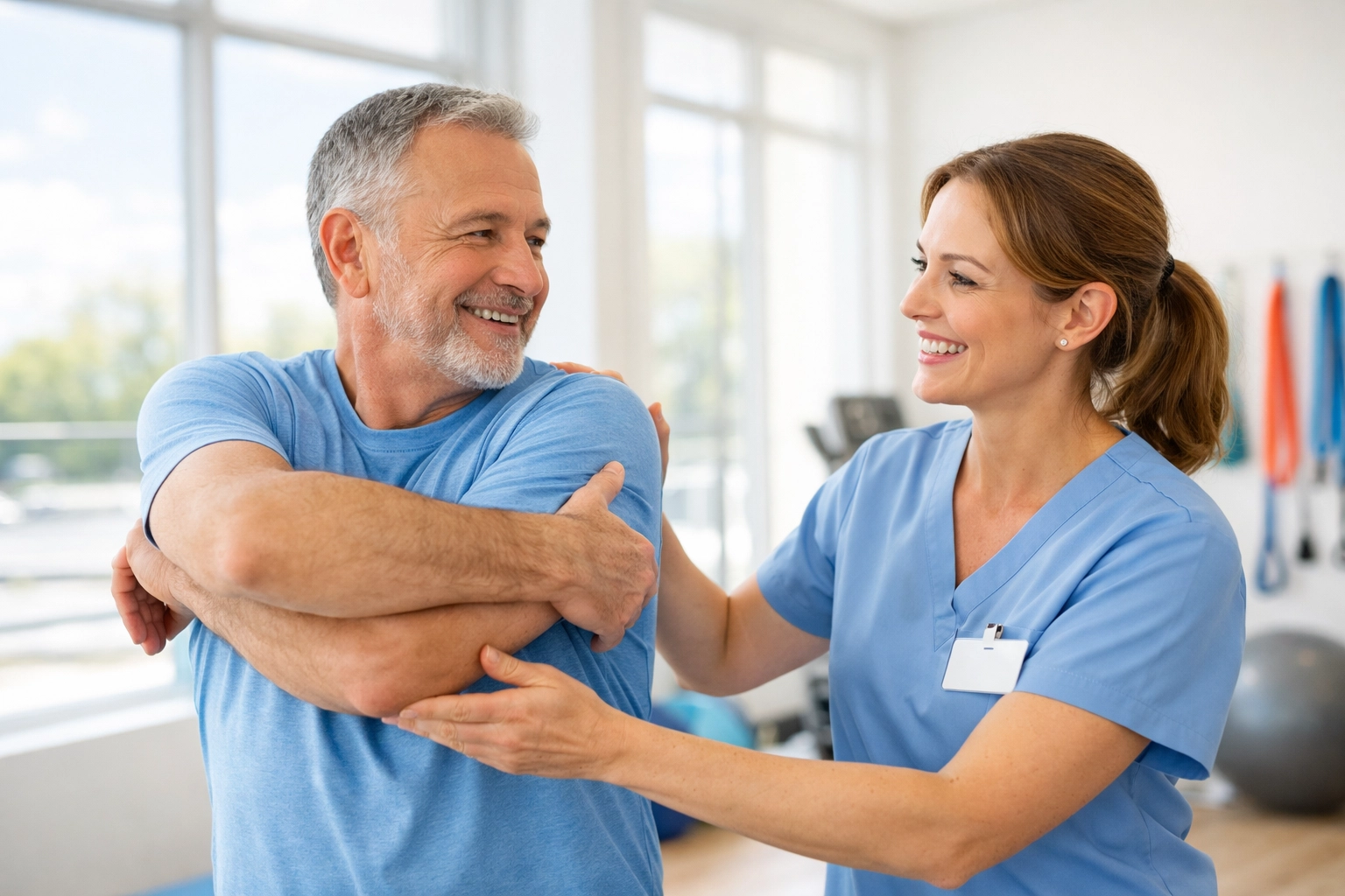 Patient performing guided shoulder exercises with physical therapist during recovery