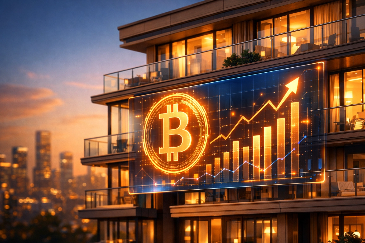 Modern apartment building with Bitcoin overlay showing real estate cash flow funding crypto investments