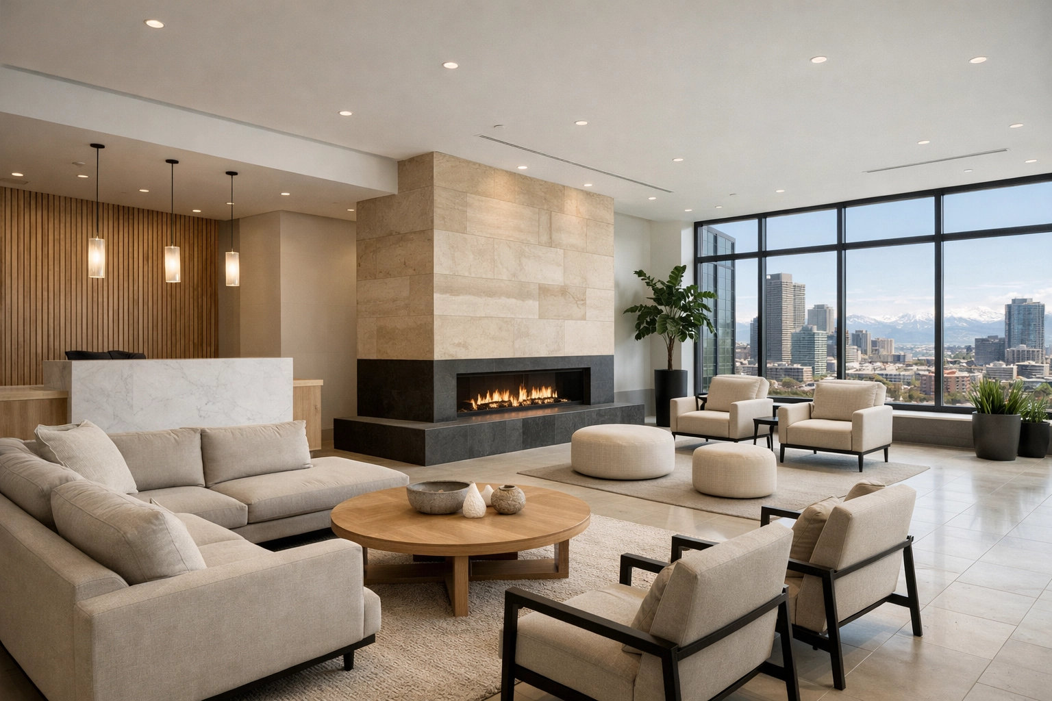 Luxury minimalist condo building lobby in Jefferson Park Denver with clean natural lighting.