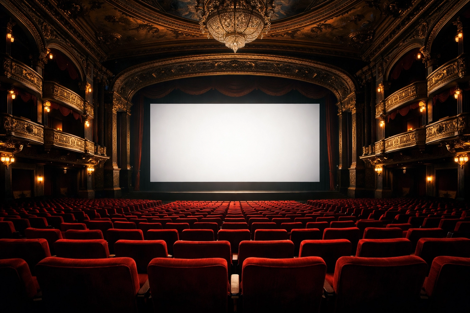 Grand cinematic theater with red velvet seats, representing the future of strategic media and entertainment capital.