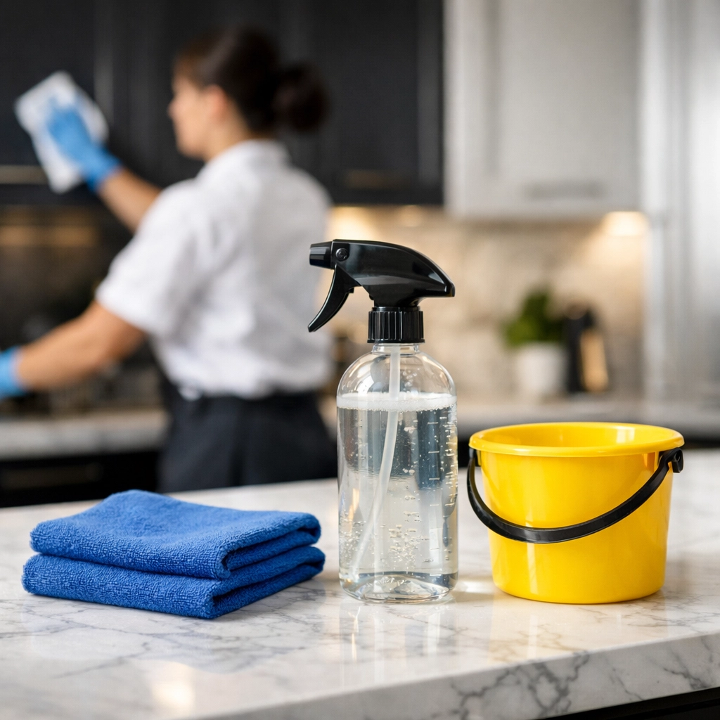 Professional cleaners MA using eco-friendly tools for high-end residential cleaning MA in a kitchen.