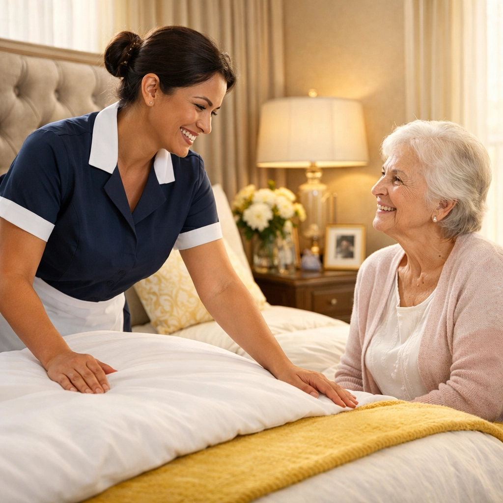 A friendly professional cleaner making a bed while chatting with an elderly resident in a senior living community.