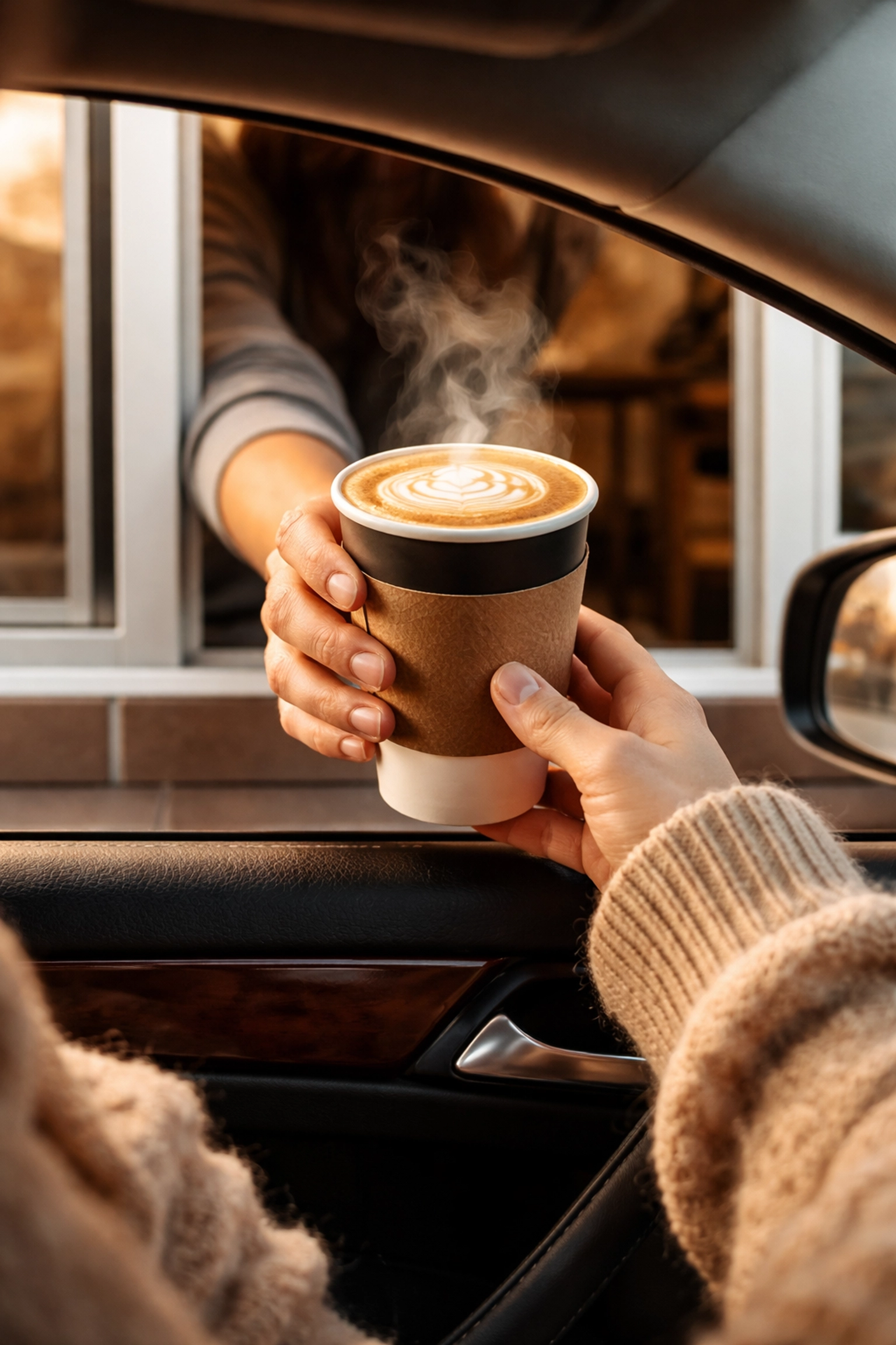Drive-thru coffee scene in Summerville with barista handing a steaming specialty latte to a customer on a chilly day.