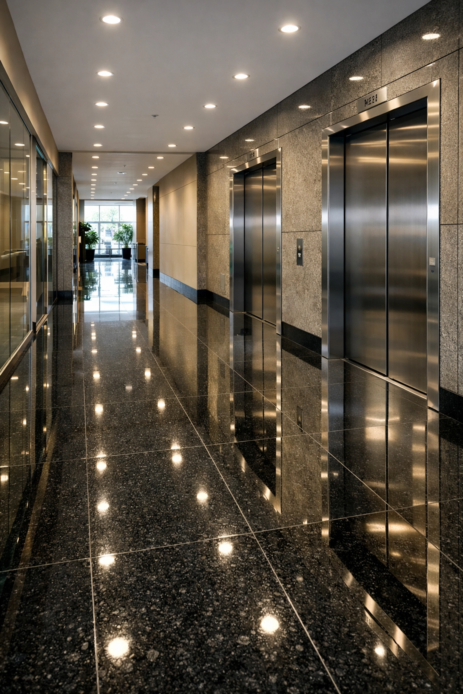 Polished granite floors in a professional Indianapolis commercial hallway managed by janitorial services.