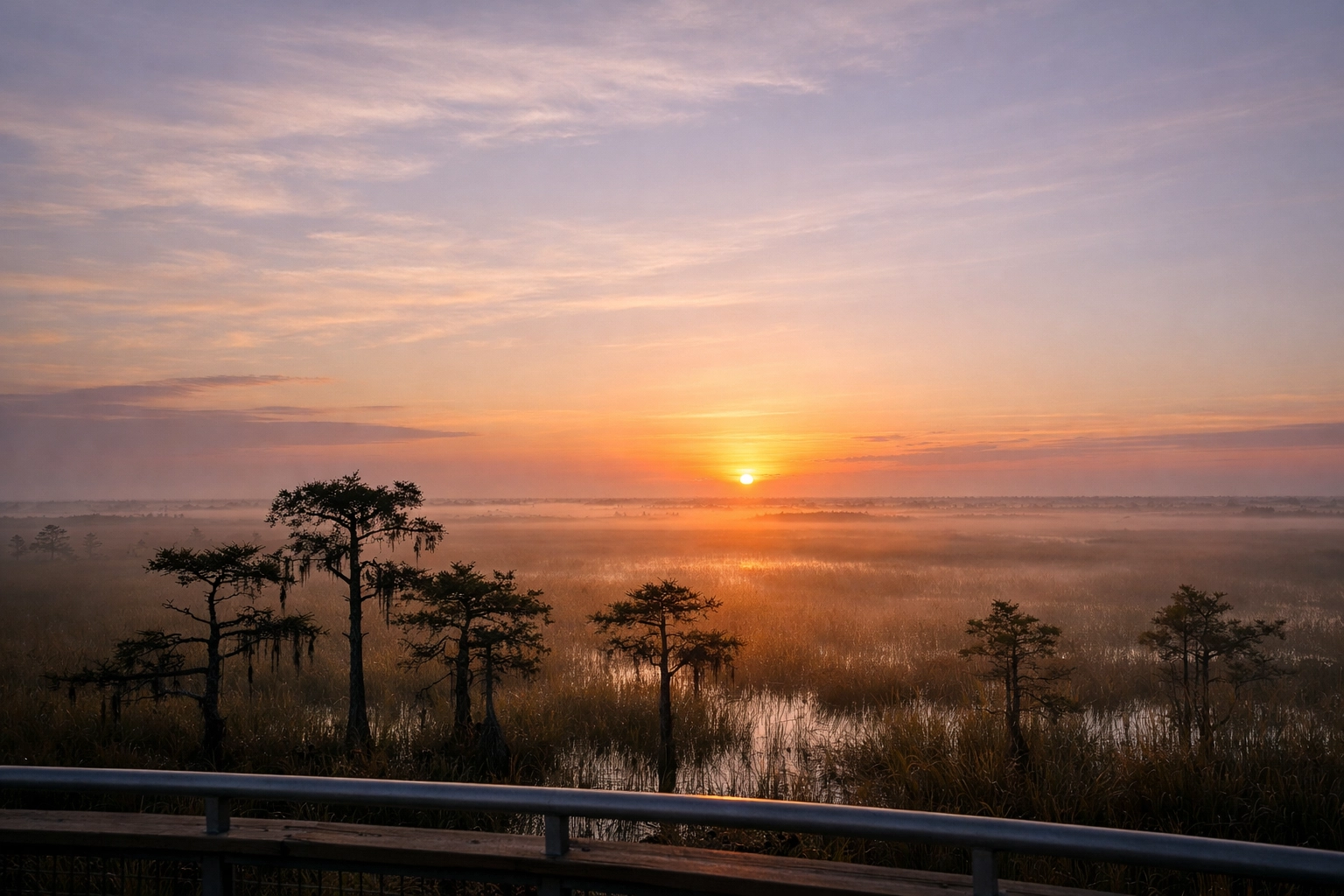 Sunrise over the River of Grass at Pahayokee Overlook, perfect for landscape photography in the Everglades.