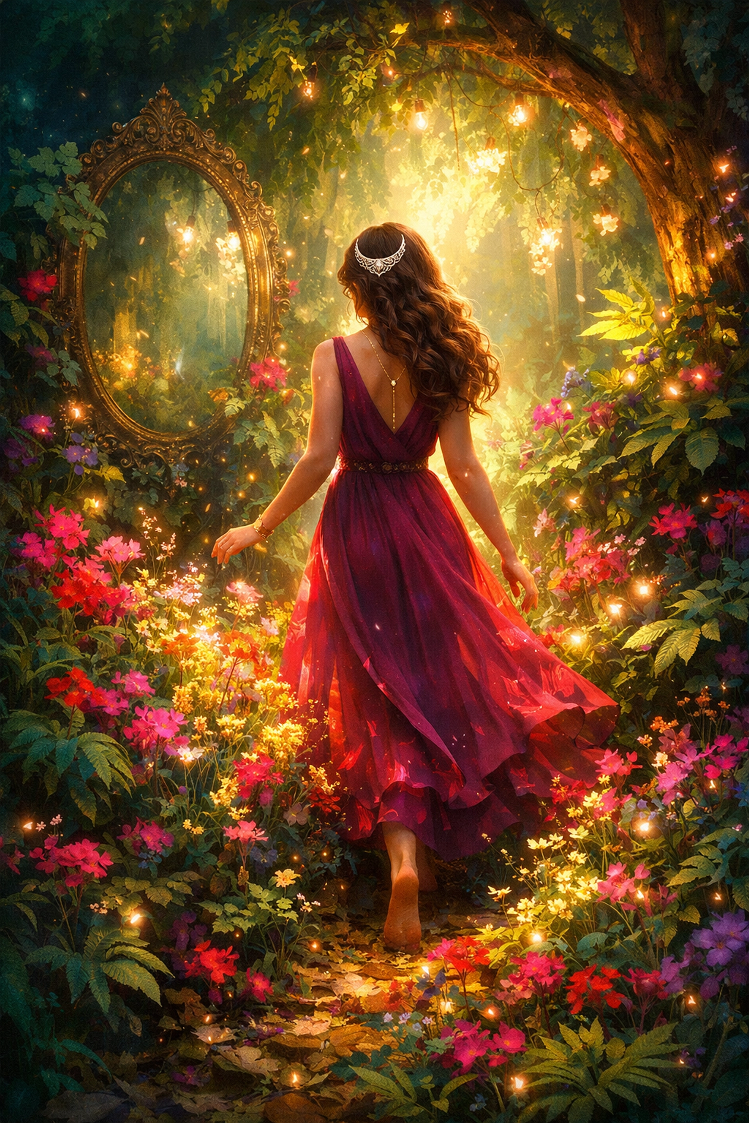 Artistic illustration of a woman in an enchanted garden, capturing the magic of an intentional step.