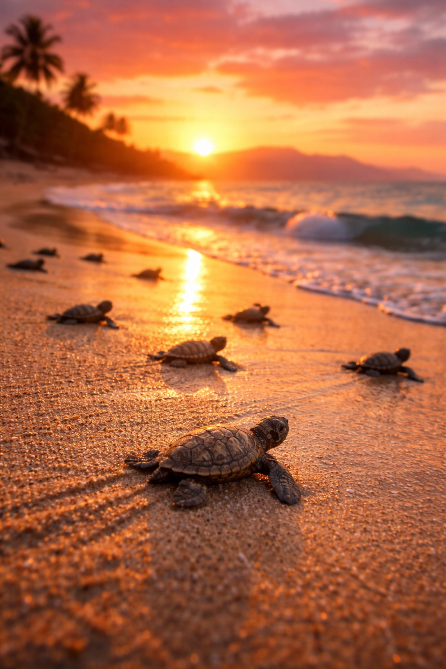 Baby sea turtles crawl across Puerto Vallarta beach sand toward the ocean at sunset turtle release.