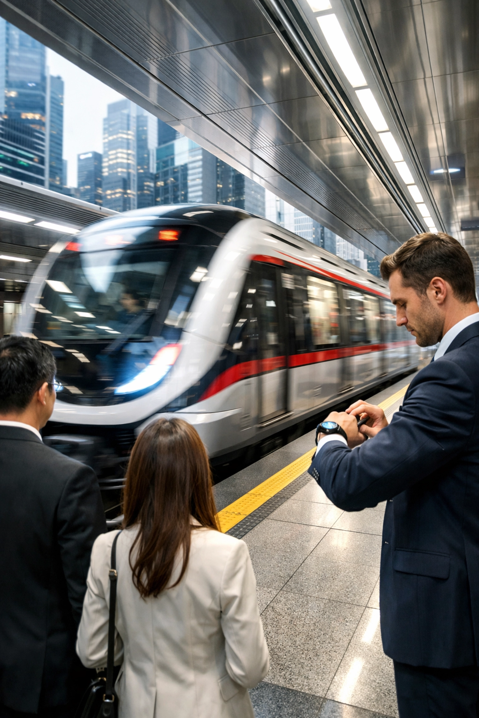 Commuters with smartwatches at a Singapore MRT station reflecting the city's focus on punctuality and timing.
