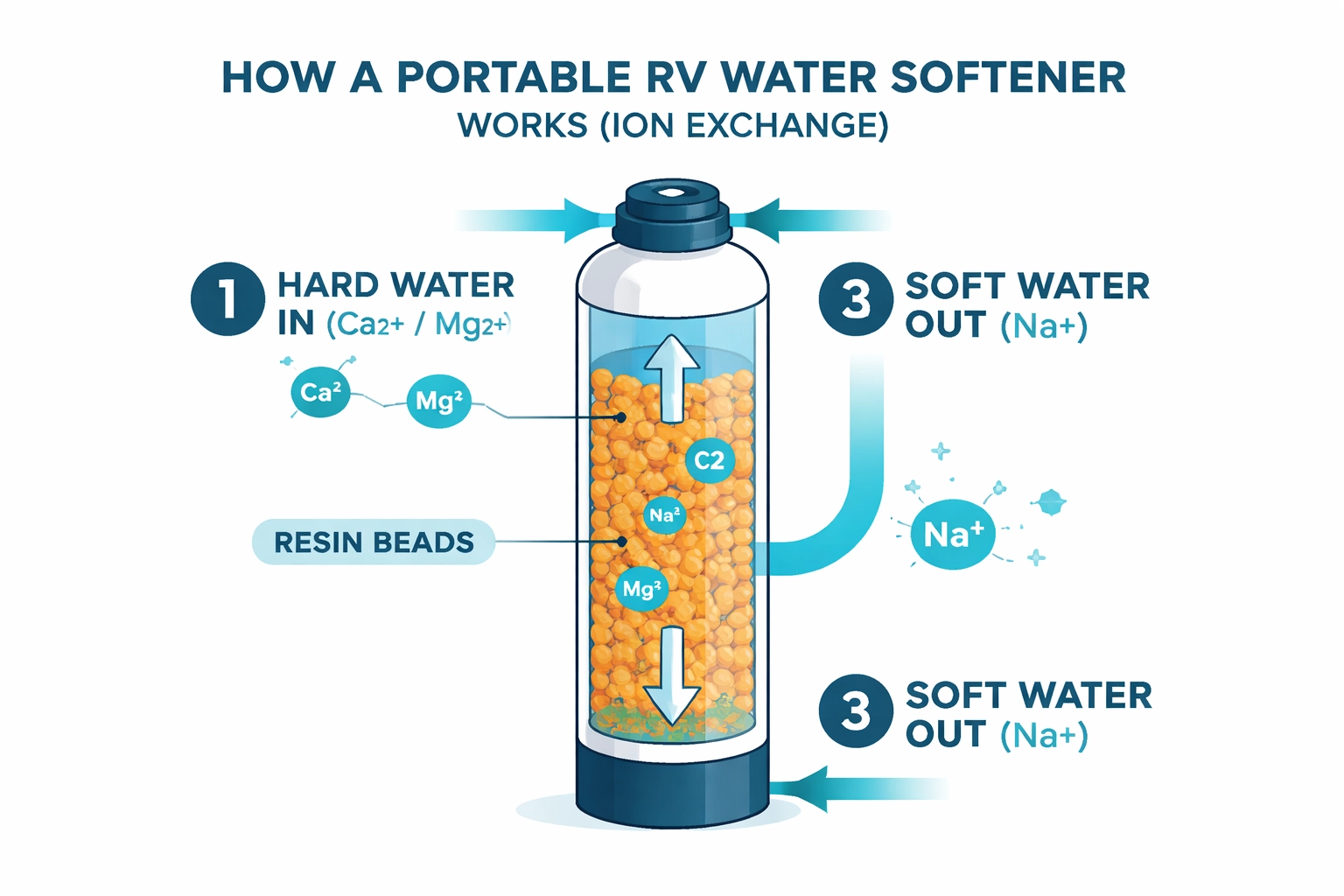 Technical diagram showing how a portable RV water softener works (ion exchange resin swapping Ca2+/Mg2+ for Na+)