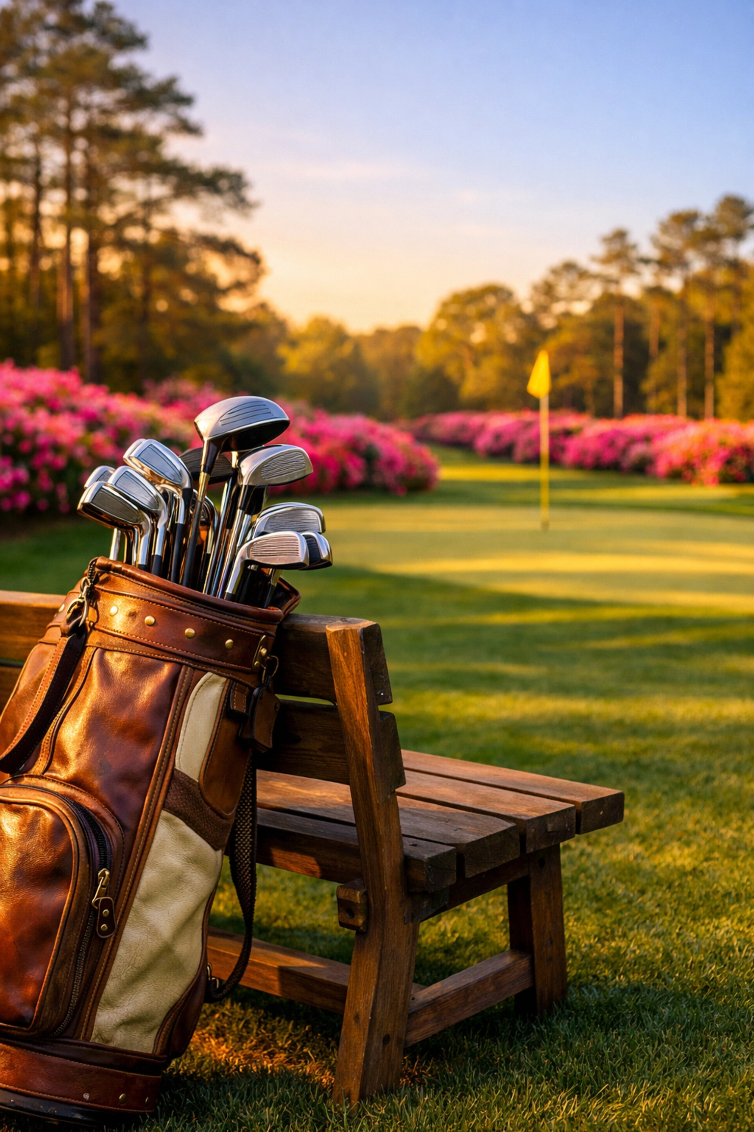 Polished golf clubs in a vintage bag on a lush green course during the Masters Tournament season.