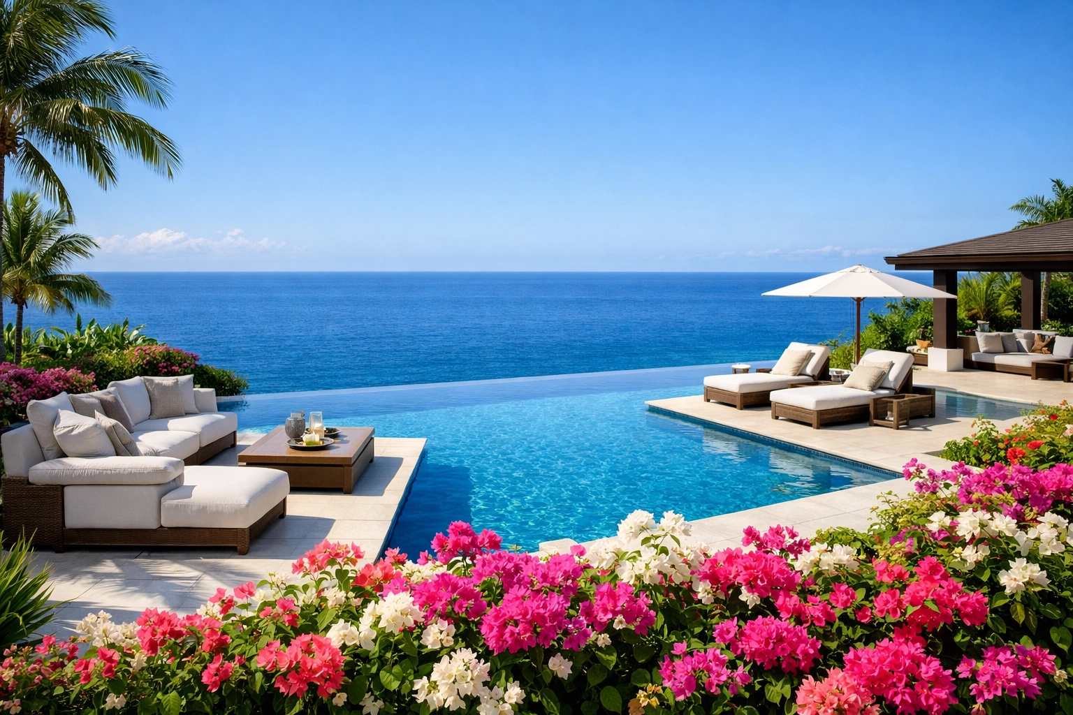 Infinity pool overlooking ocean at exclusive private island villa with tropical gardens