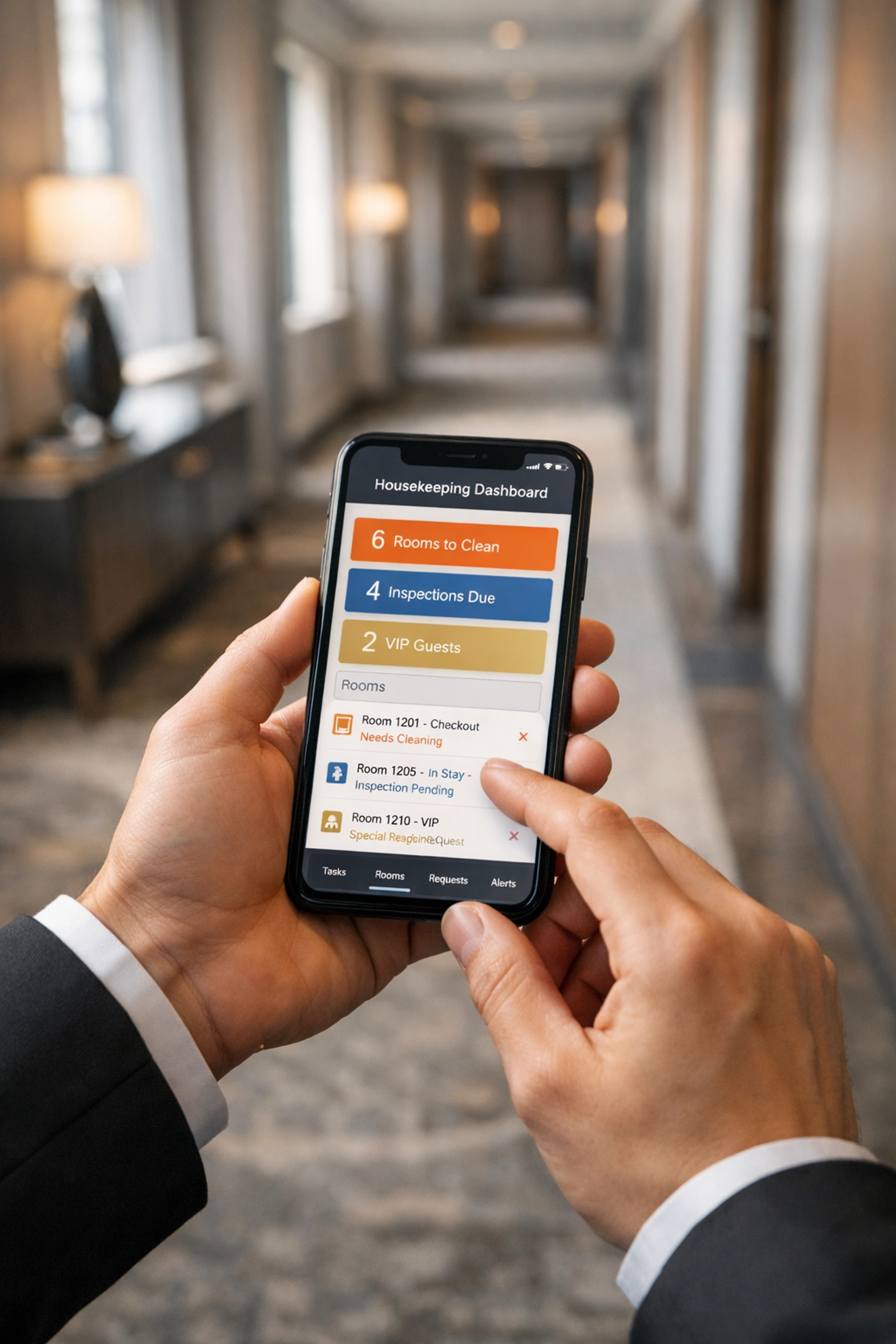 Hotel staff member using mobile housekeeping app to update room status in real-time