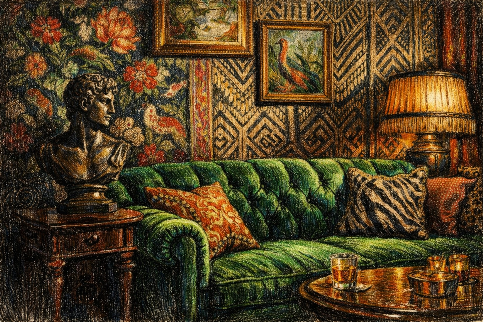 Maximalist hotel lounge featuring an emerald green sofa against layered floral and geometric wallpapers.