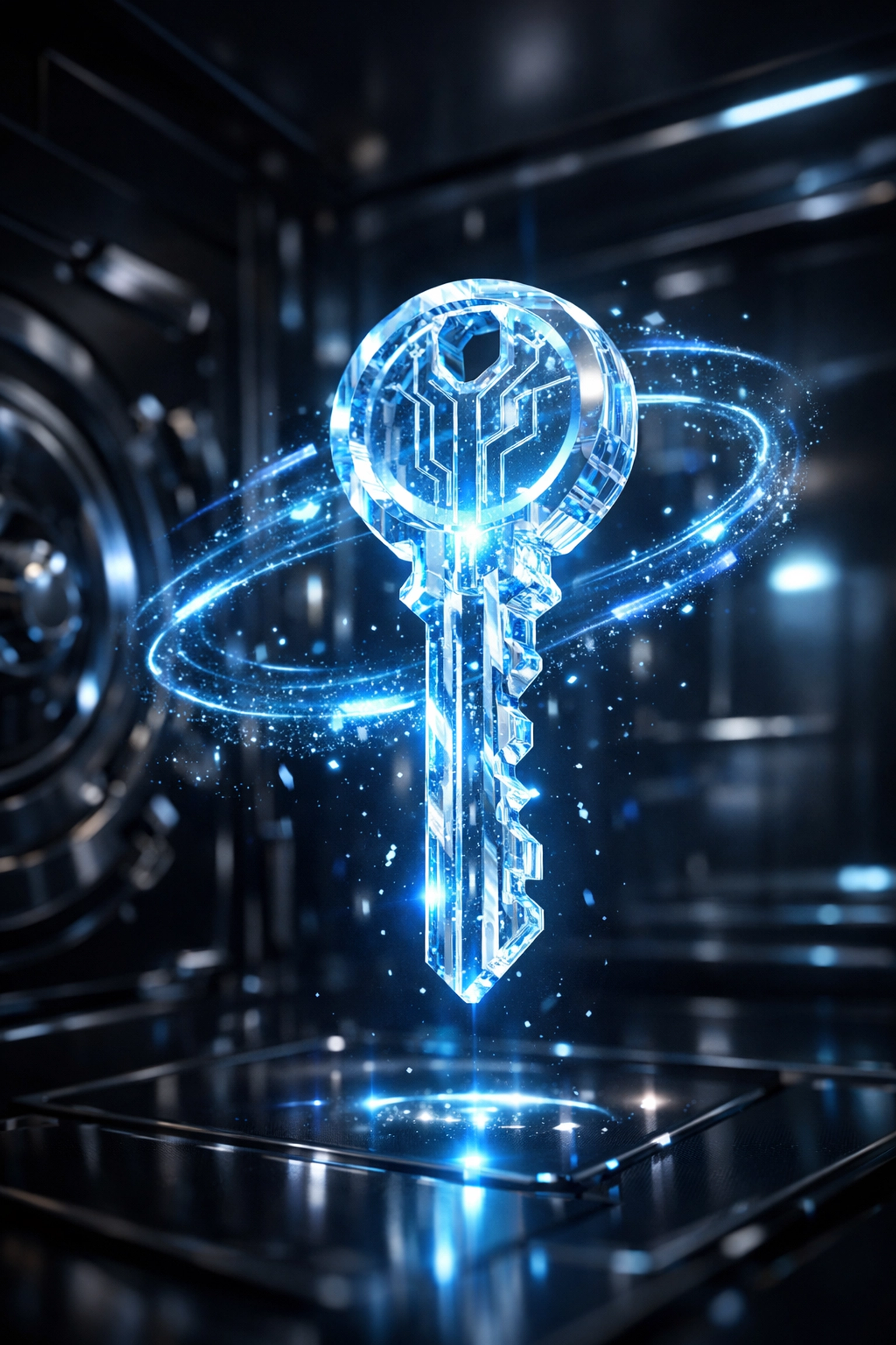 Digital key in a secure vault symbolizing self-custody and private key control for Web3 payments.