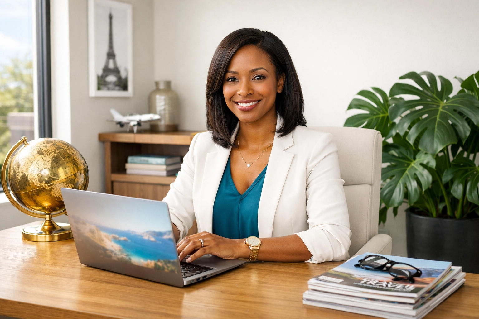 Travel agency owner at her desk, embodying the travel agent success secrets of professional advisors.
