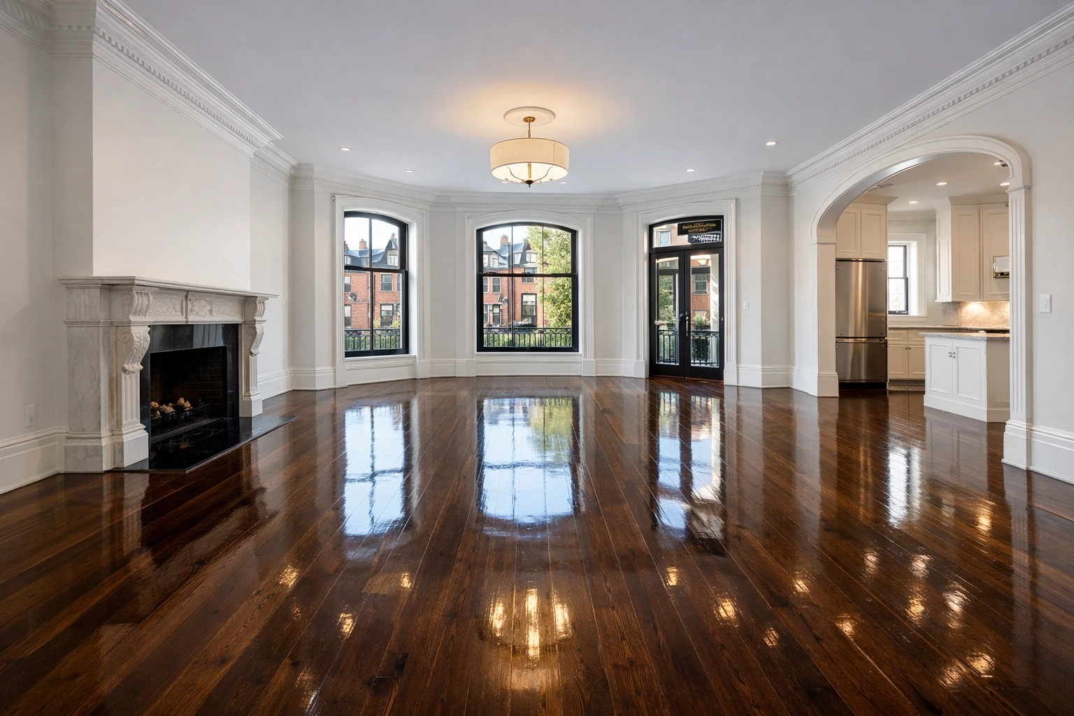 Clean, empty luxury living room with polished floors ready for a Boston apartment turnover inspection.