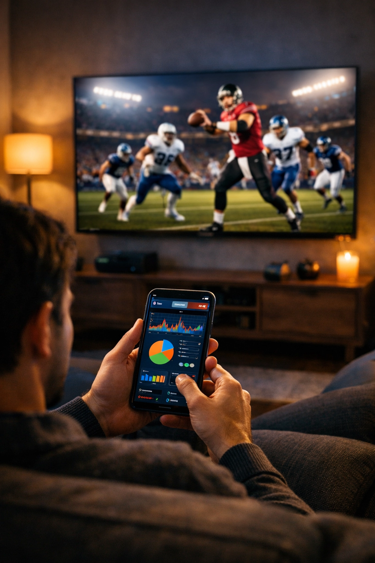 Sports fan watching football on TV while using a smartphone app for an omnichannel advertising experience.