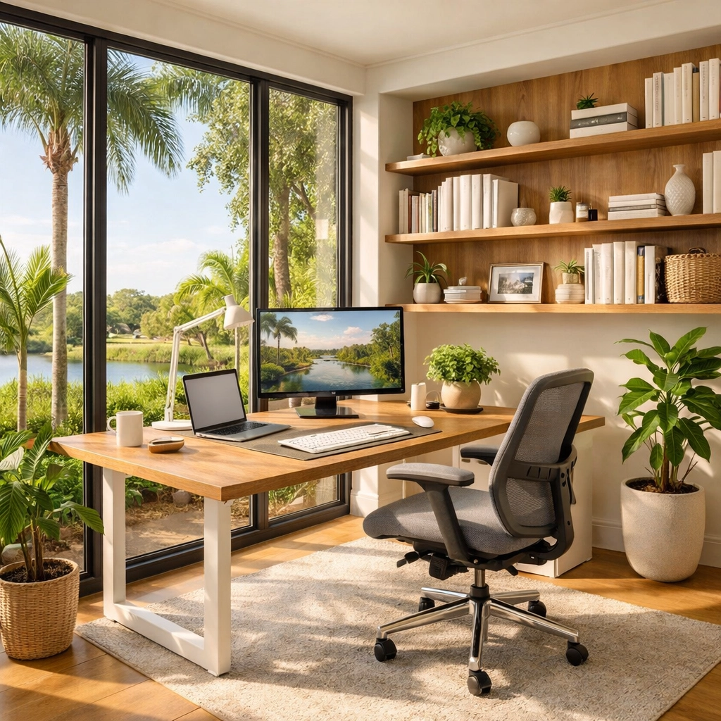Modern home office design Orlando with natural light and functional workspace