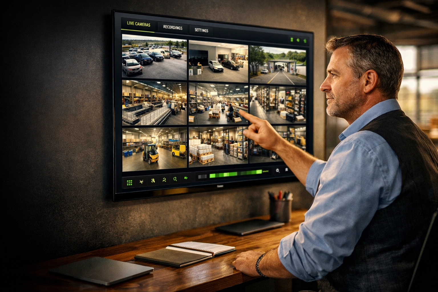 Business owner using high-definition video surveillance without monthly camera licensing fees in the Midwest.