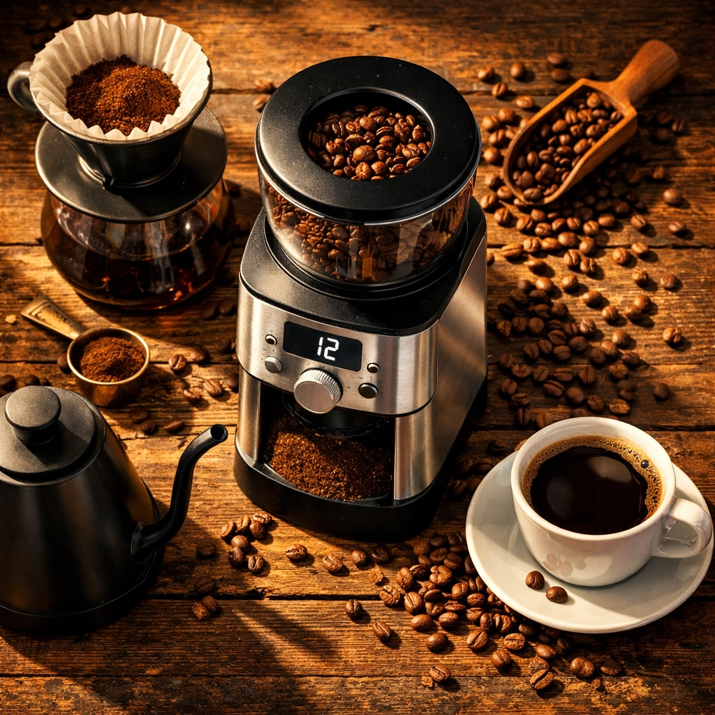 Home coffee brewing setup with burr grinder, fresh beans, and pour-over equipment