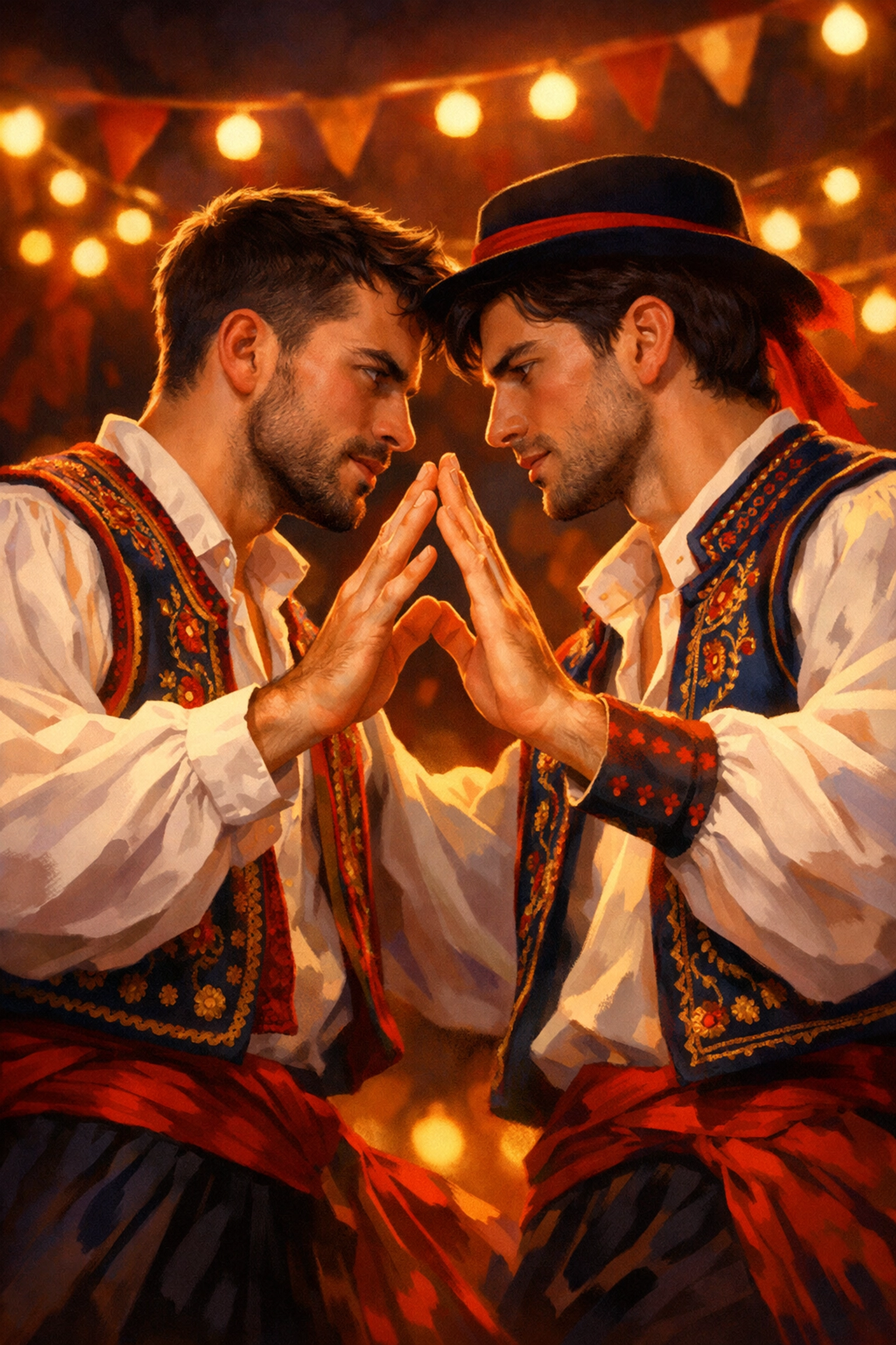 Two male dancers in traditional folk costumes performing cultural dance together