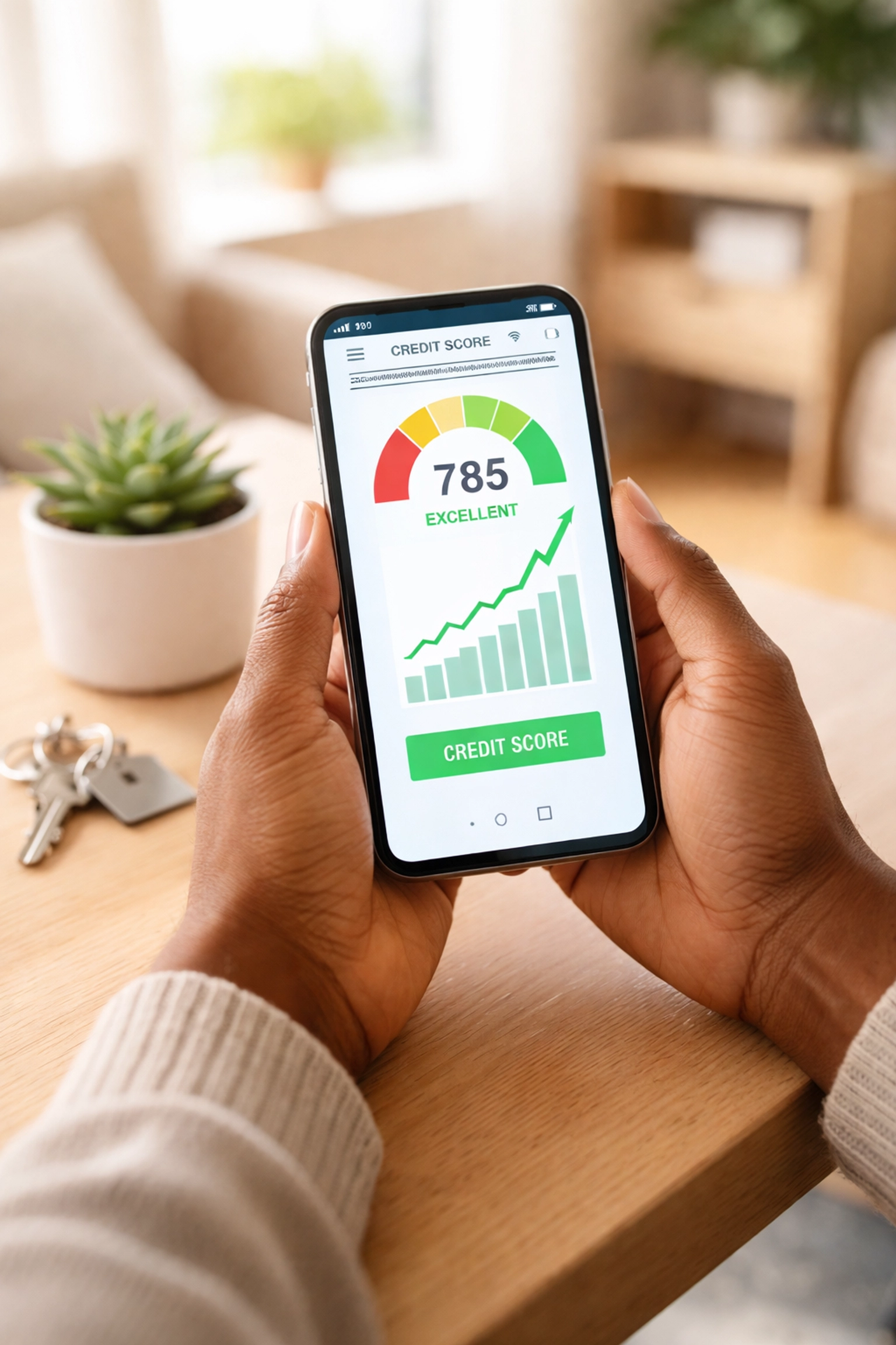 Homebuyer checking credit score on smartphone while preparing for manufactured home loan