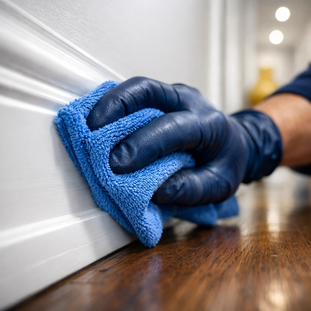Professional cleaners MA hand-wiping baseboards to ensure a thorough residential deep cleaning service.