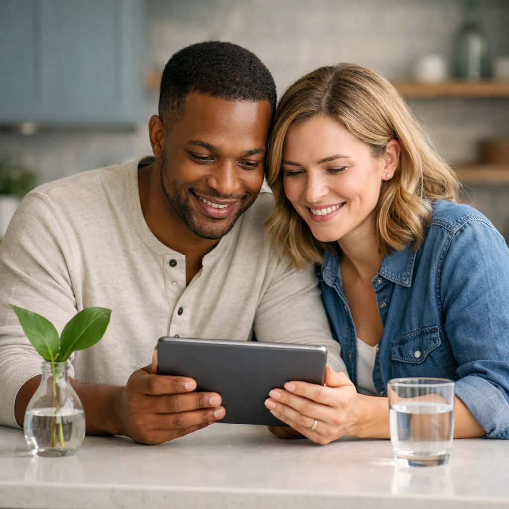 A couple discussing finances and budgeting together on a tablet, showing unity in marriage money management.