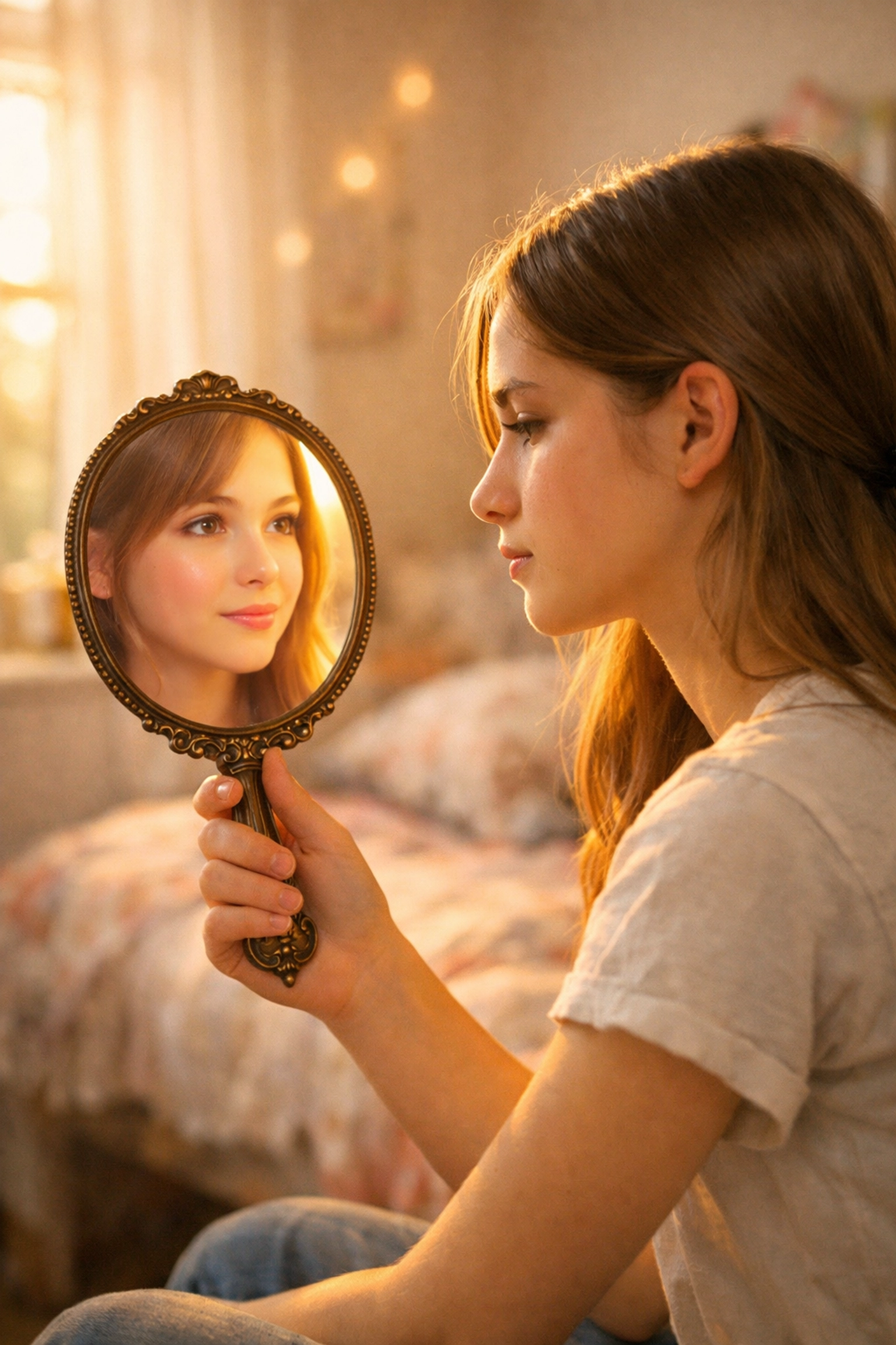Teen girl contemplating her reflection in a mirror, illustrating social media body image struggles and self-comparison.