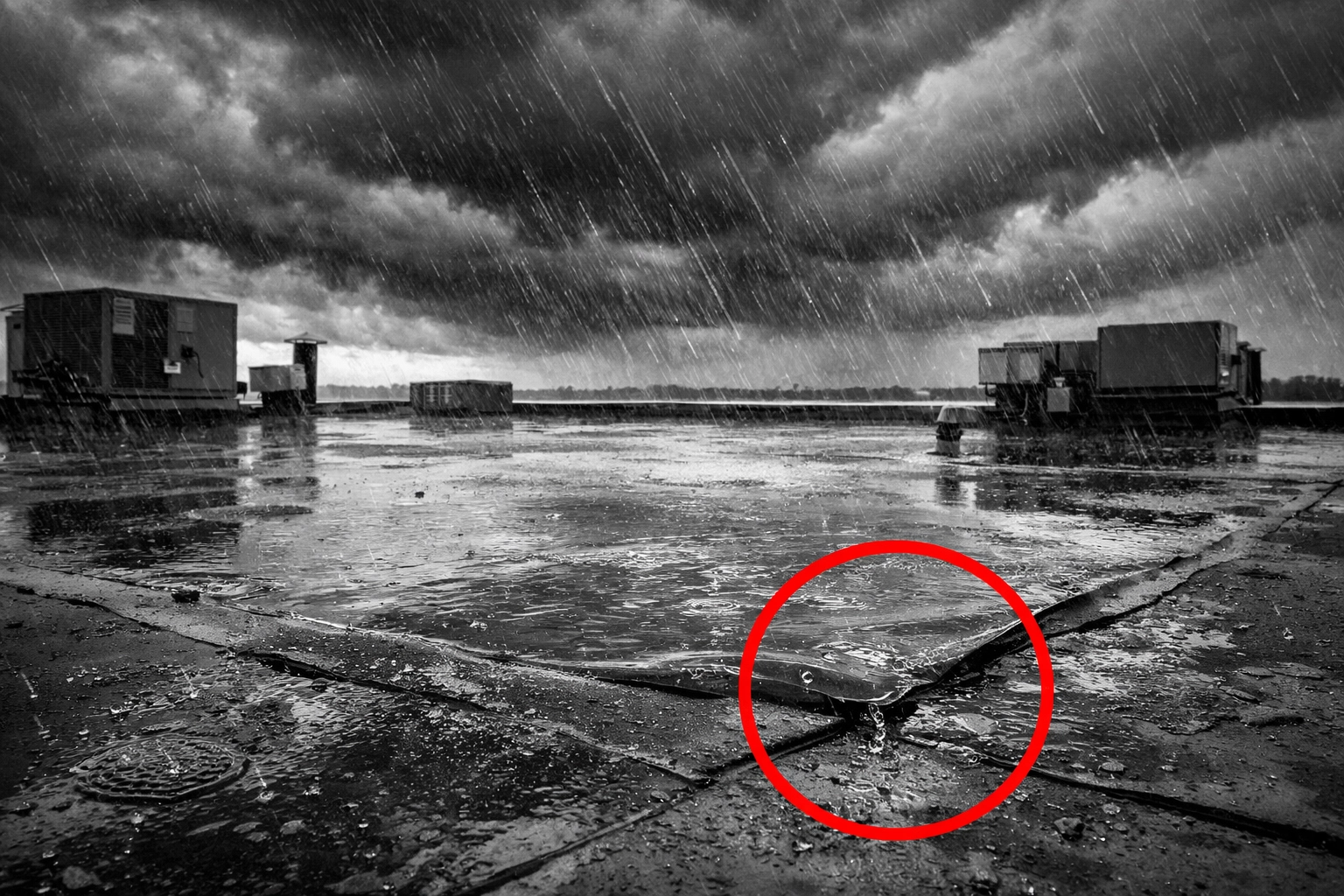 Commercial flat roof during severe Delmarva storm conditions