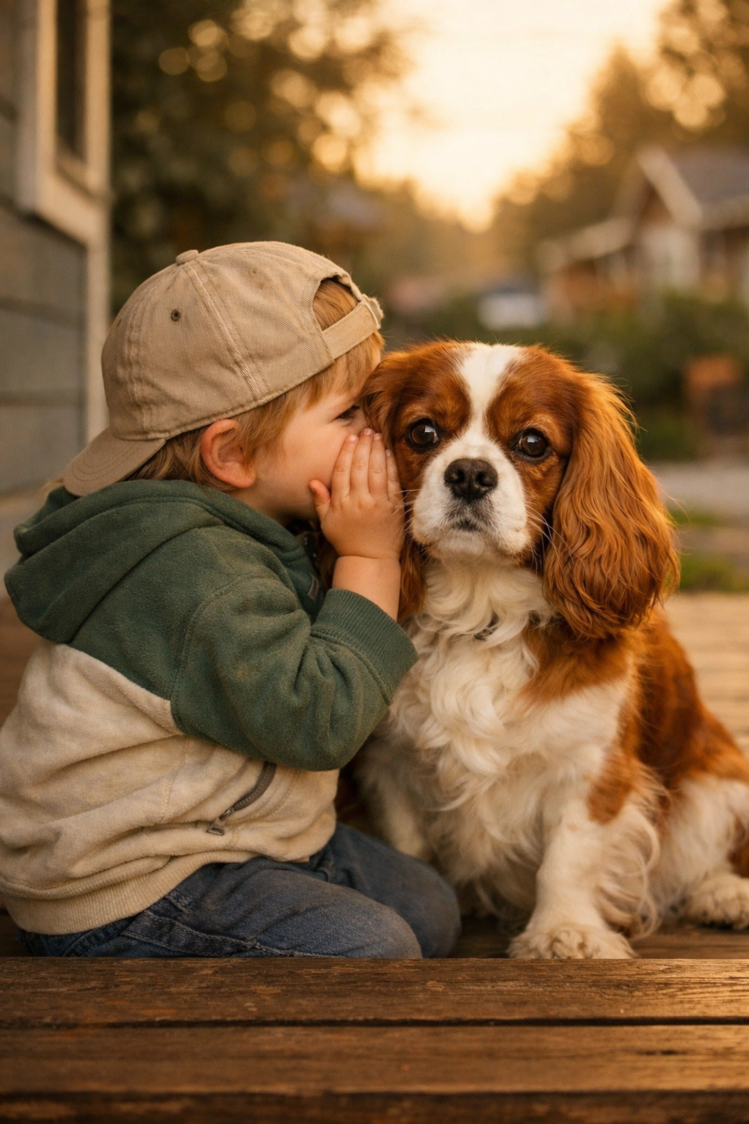 A child bonding with a health-tested Cavalier King Charles Spaniel on an Oregon porch.