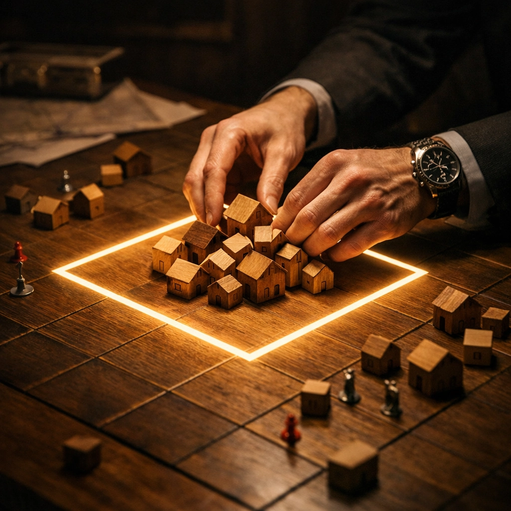 Strategic hands moving small house models into a single group, illustrating property management industry consolidation.